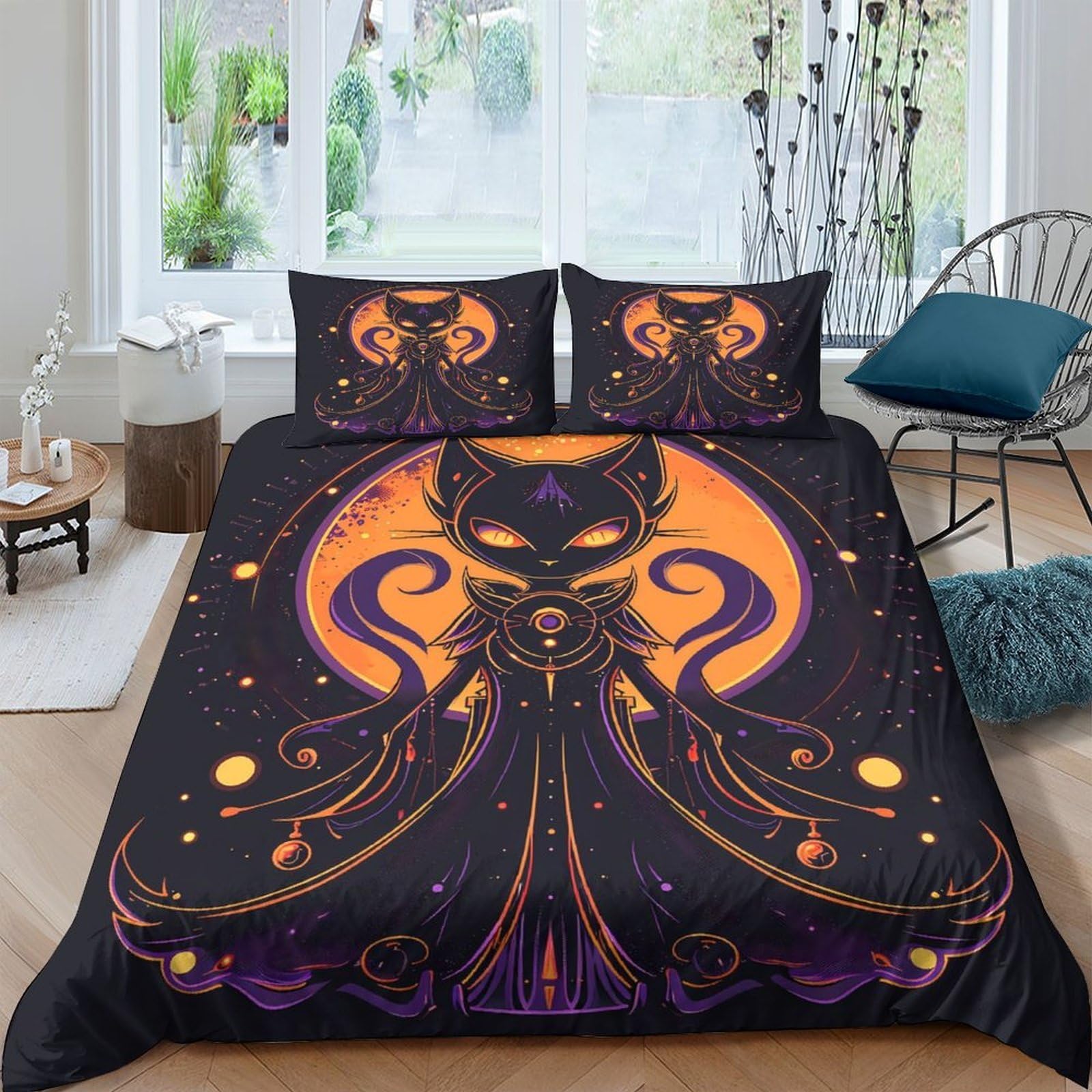 TUFRTGYHN 3D Printed Gothic Cat Duvet Cover Microfiber Black Orange Bedding Set with 2 Pillowcases for Bedroom Decor Single（135x200cm）
