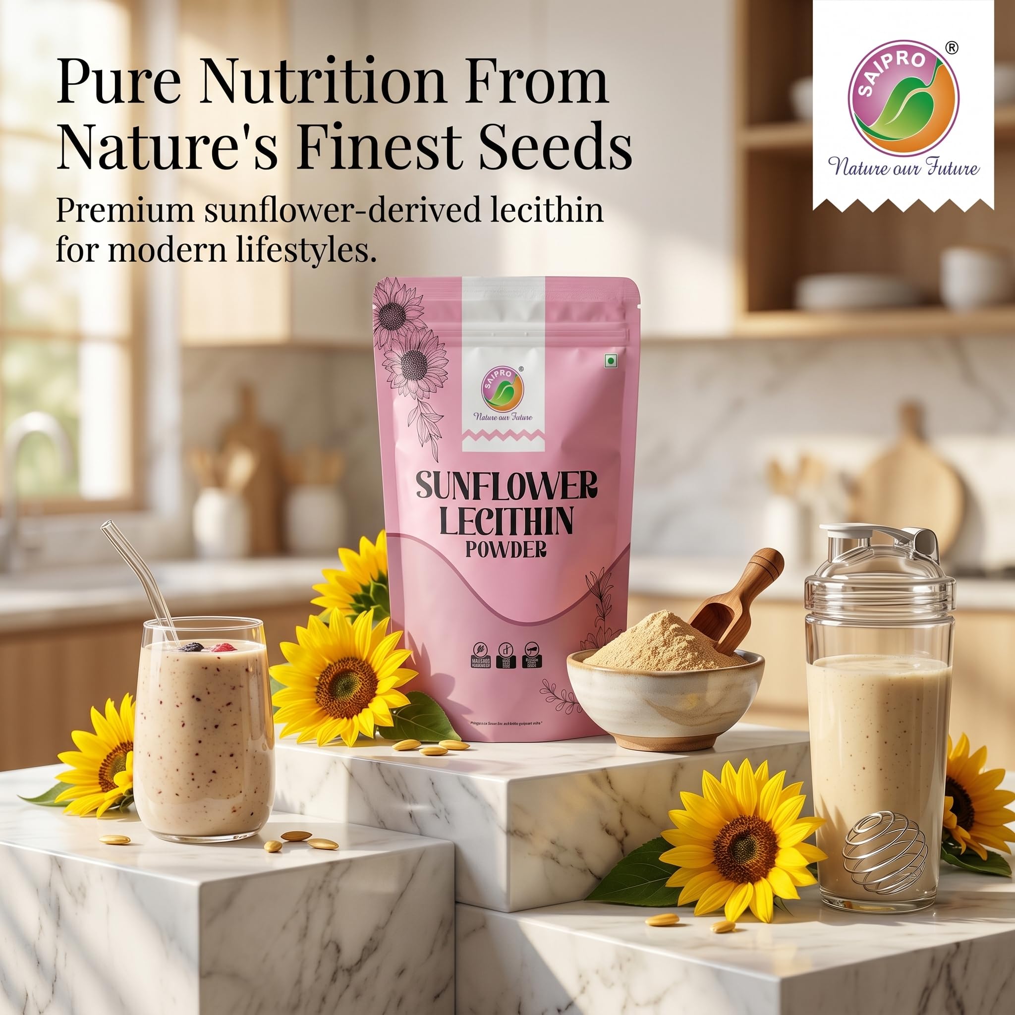 Saipro Sunflower Lecithin Powder, 200g, Non-GMO Natural Food Emulsifier & Stabiliser for Nutraceuticals, Beverages &Confectionery