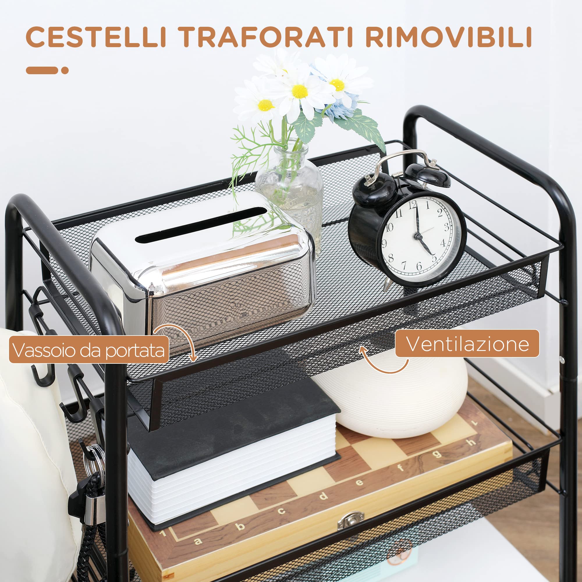 HOMCOM Carrello da Cucina a 3 Livelli con Cesti Removibili e 4 Ruote, in Acciaio e Plastica PP, 45Lx26.5x63cm, Nero