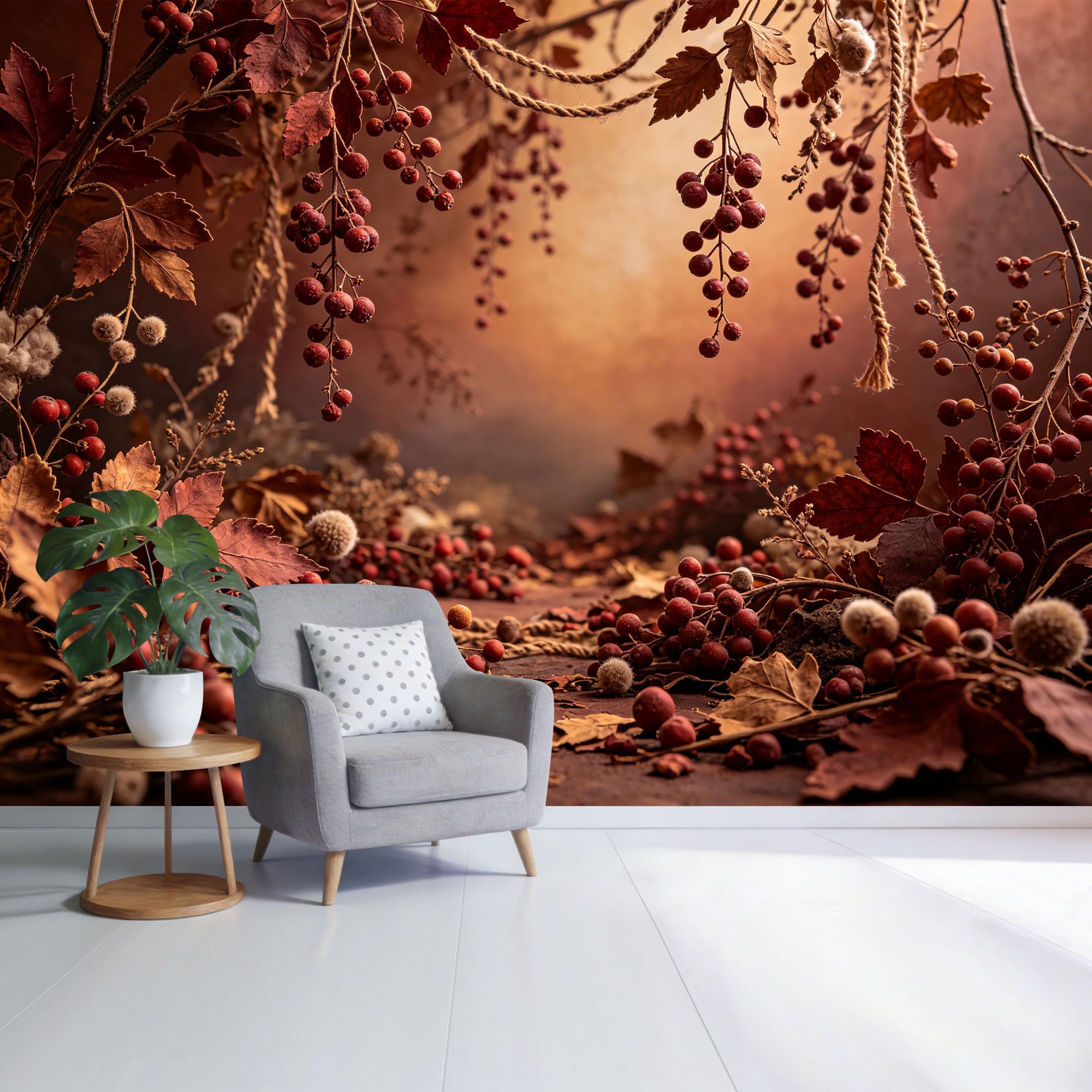 Custom Size Wall Mural Autumn Botanical Berry Branches Warm Foliage Textured Watercolor Style SelfAdhesive Wall Fabric Removable Wallpaper for Home Office Decor
