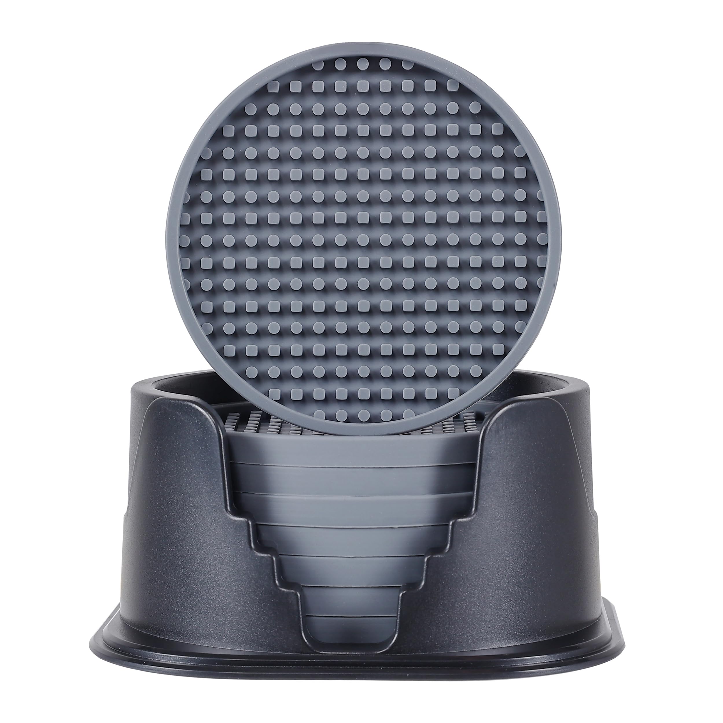 Amooca Silicone Coasters 8 Pack with Holder Anti-Slip Non-Stick Drink Coaster Deep Tray Cup Mat for Hot or Cold Drinking Gray Dots