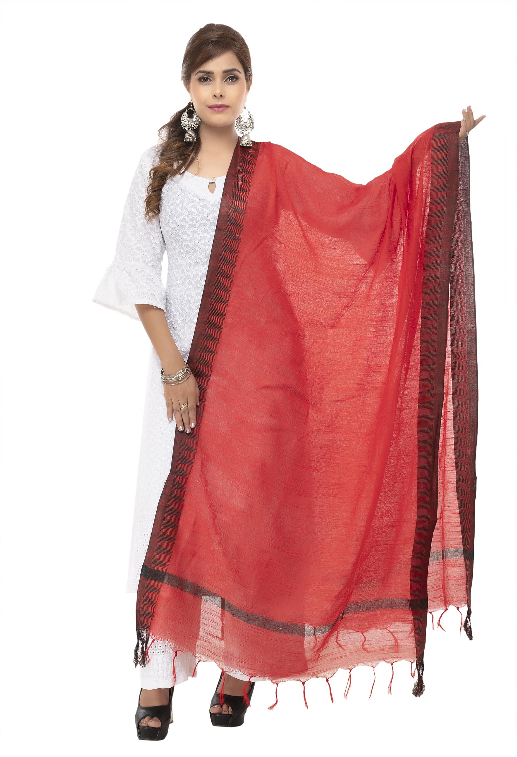 Women's Red & Black Temple Border Woven Design Cotton Dupatta, Pack of 1, MFD0191-image-48