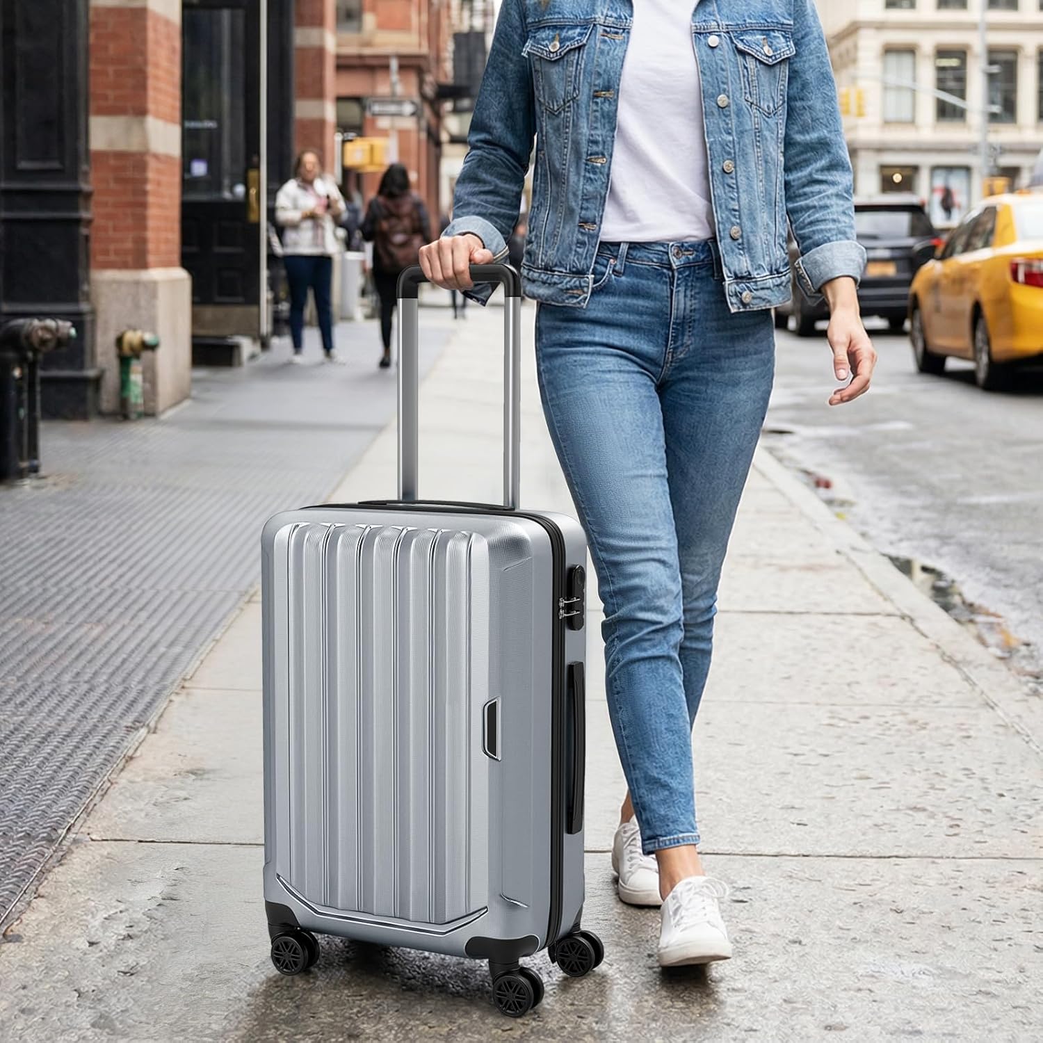 GYMAX Luggage Sets 3 Pieces Hardside Suitcase with Spinner Wheels & Lock, 20” Carry On, 24” & 28” Checked Luggage Set, Lightweight Portable for Travel, Business (Grey,Vertical Stripe)