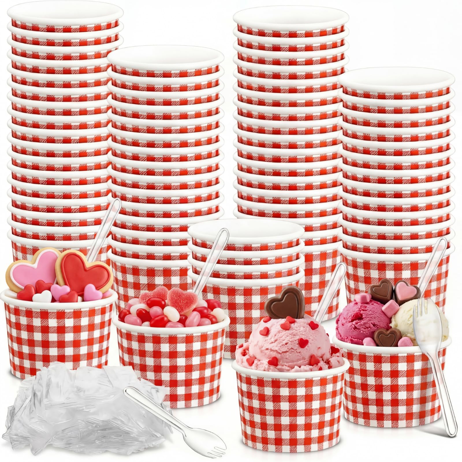 Tessco for you 100 Pack 12oz Valentine's Day Ice Cream Cups with Plastic Spoons Red and White Checkered Snack Bowls Paper Plaid Cups for Hot Soup