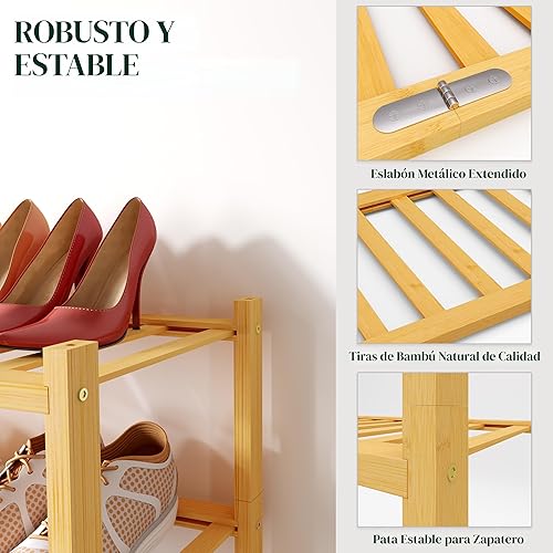 Miniatura 3 de Smiry Zapatero, organizador de zapatos de bambú de 3 niveles, apilable, estante de almacenamiento de zapatos de madera para armario, entrada,