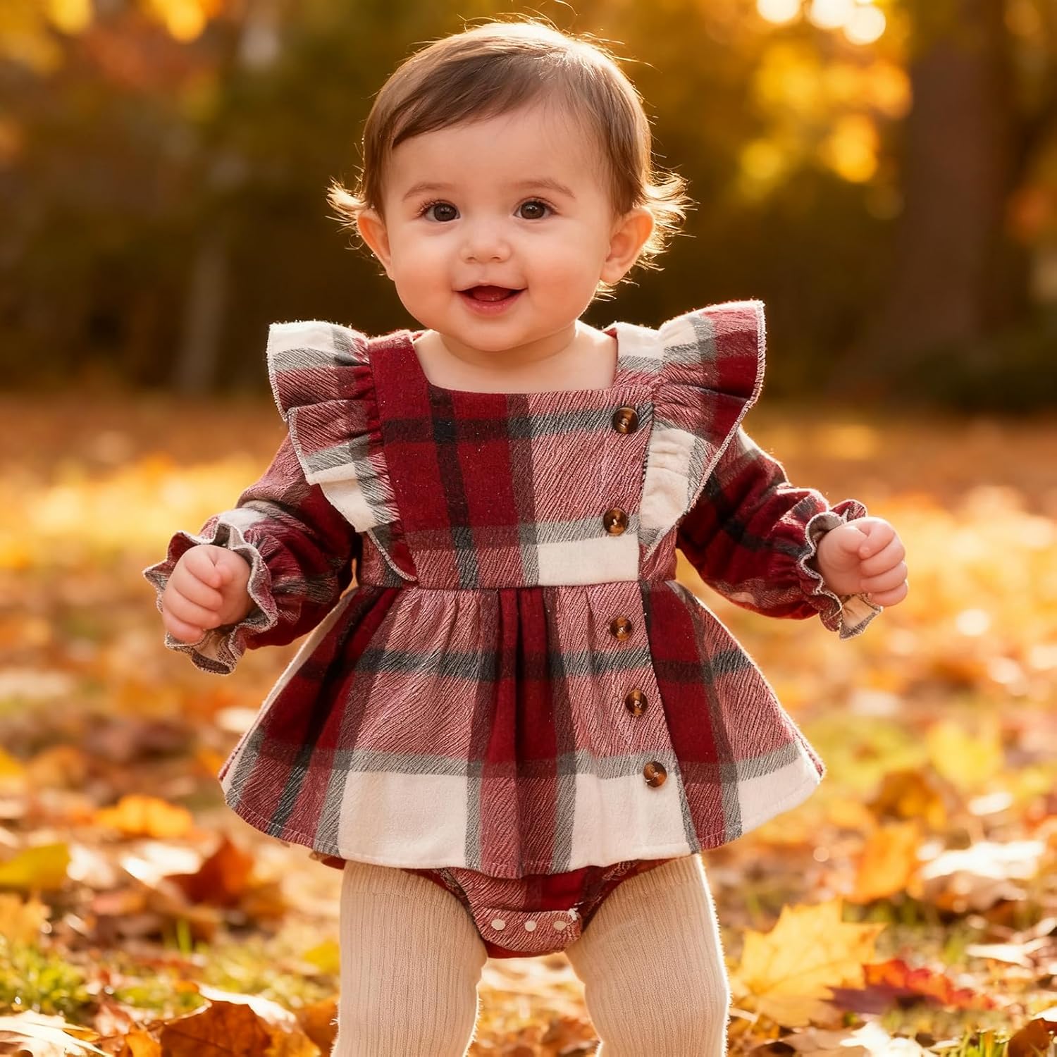 Newborn Baby Girl Fall Winter Clothes Plaid Long Sleeve Romper Buttons Outfit Ruffles Dress with Bow Headband - Image 6