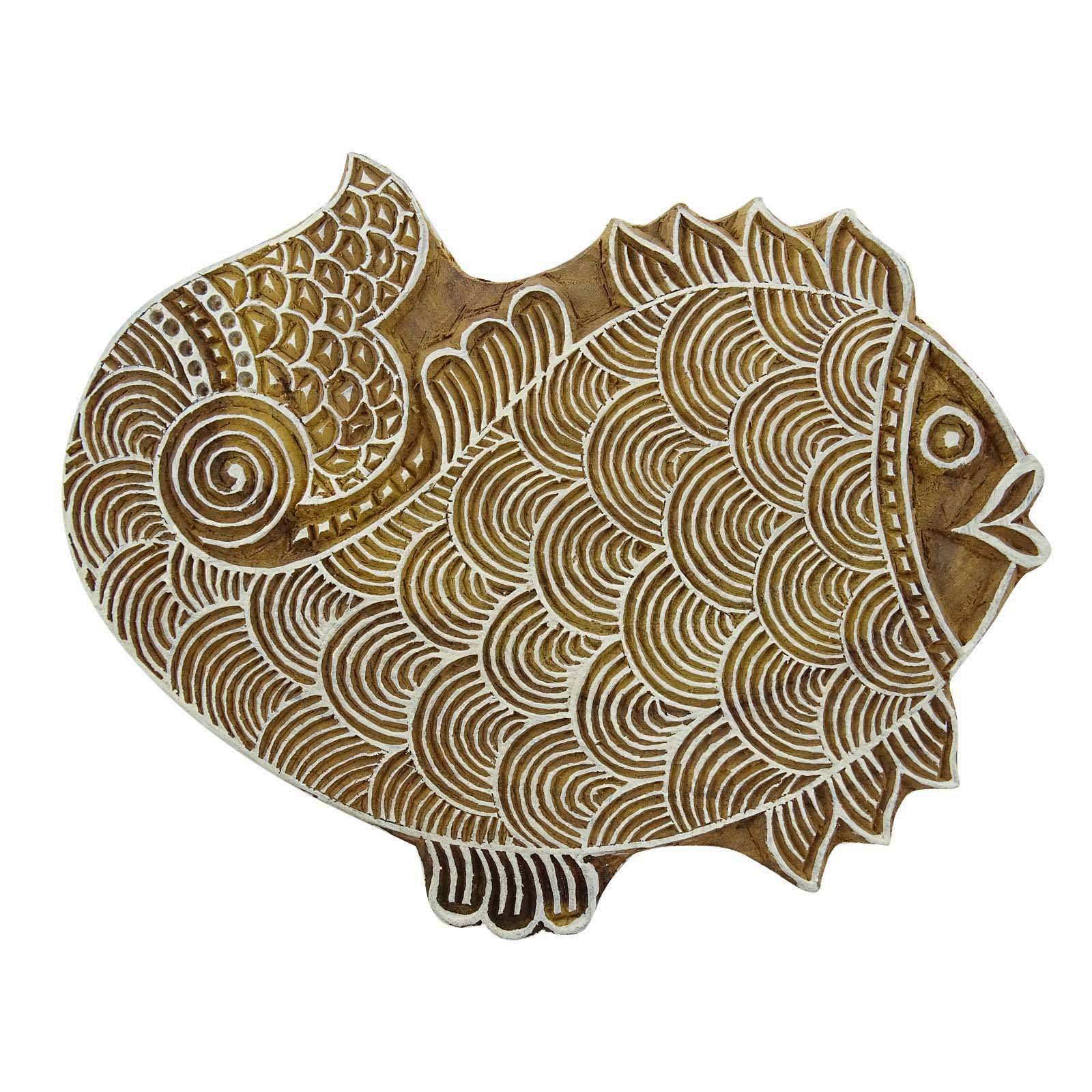 Fish Indian Wood Block Art Handcarved Printing Block Textile Stamp