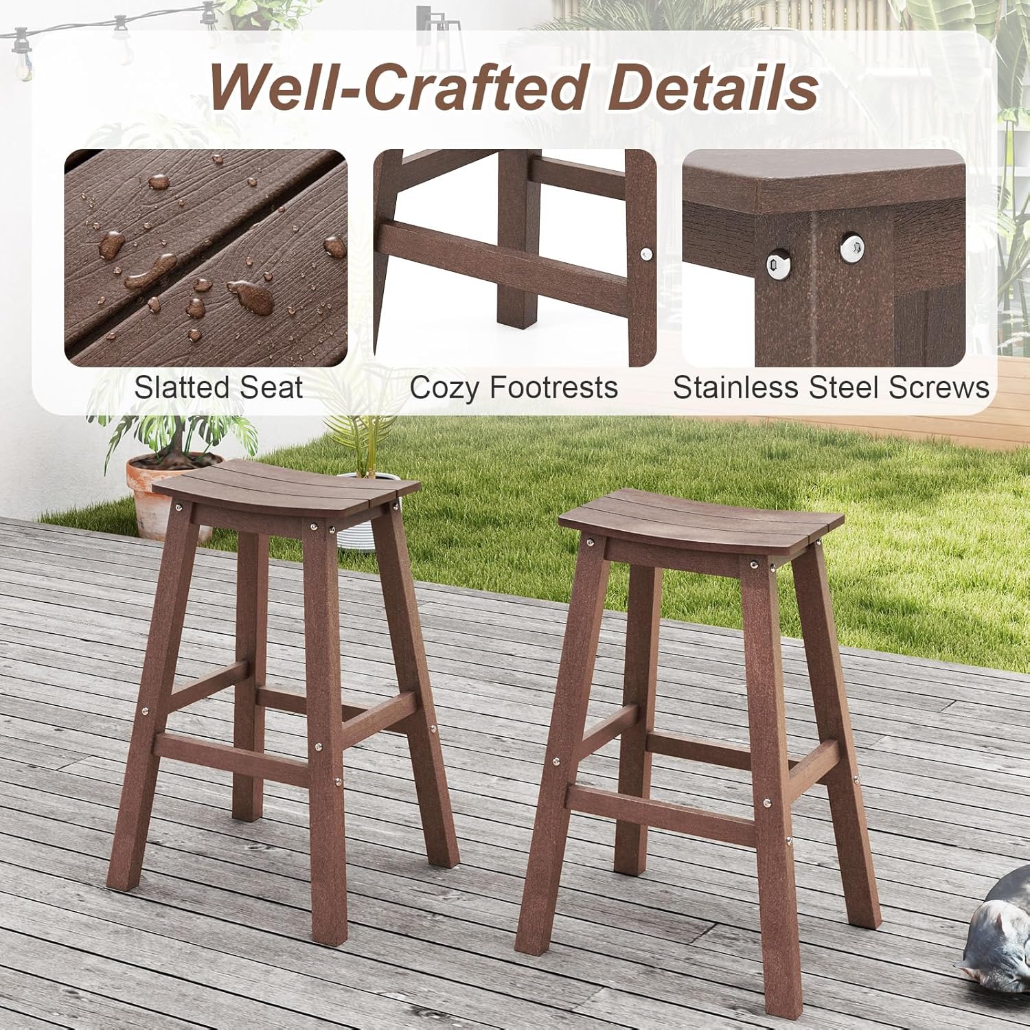 Tangkula Patio Bar Stools Set of 4, 29 Inch HDPE Bar Height Armless Saddle Stools with Curved Seat & Footrests, Outdoor Backless High-Top Slatted Barstools for Backyard, Lawn, Poolside (Brown)