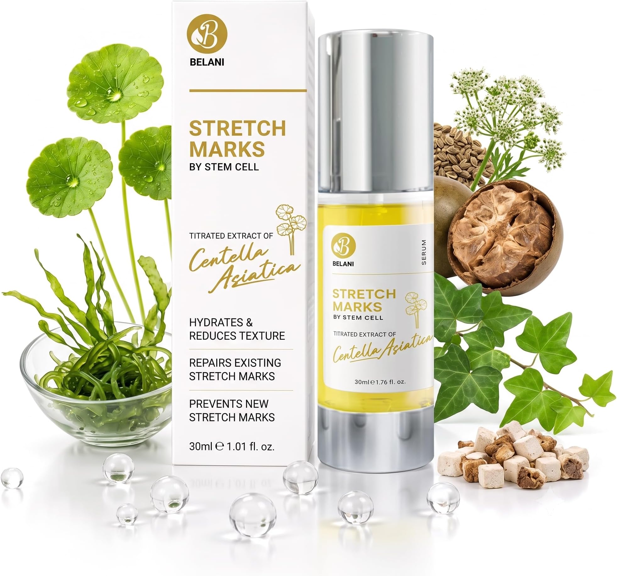 Belani Stretch Mark Serum โ Targeted Care for Pregnancy & Weight Gain Stretch Marks, Visibly Reduces Red, White & Dark Lines, Restores Smooth, Even Skin โ Non-Greasy, Quick Absorption (1.01 Oz)