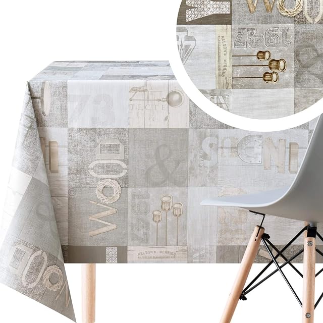Wipe Clean Tablecloth Grey Light Brown Industrial Wooden Pattern - Rectangle 200x140cm | 78x55in For Rectangular Tables Up To 6 Seats - Heavy Weight Oilcloth PVC Table Cloth With Vintage Rustic Print