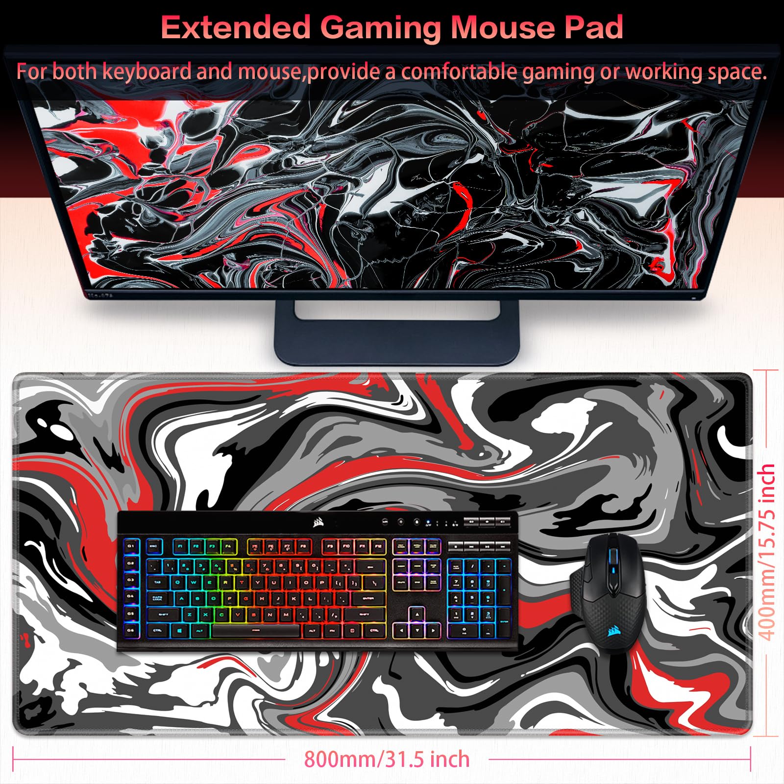Canjoy - Alfombrilla de mouse para juegos, patrón fluido, 31.5 x 15.7 pulgadas, grande, extendida, para computadora, teclado, alfombrilla de mouse de escritorio completo para juegos, oficina, hogar
