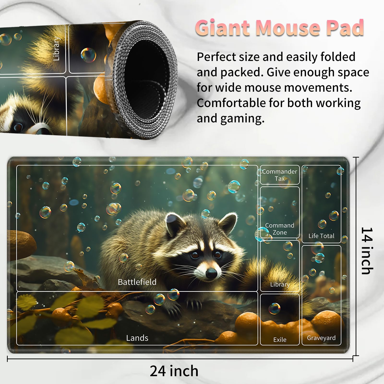 Tappetino da gioco per MTG, con base in gomma antiscivolo e cuciture, 61 x 35,6 cm, per MTG e altri giochi di carte (A - Zone), Magic Forest Raccoon