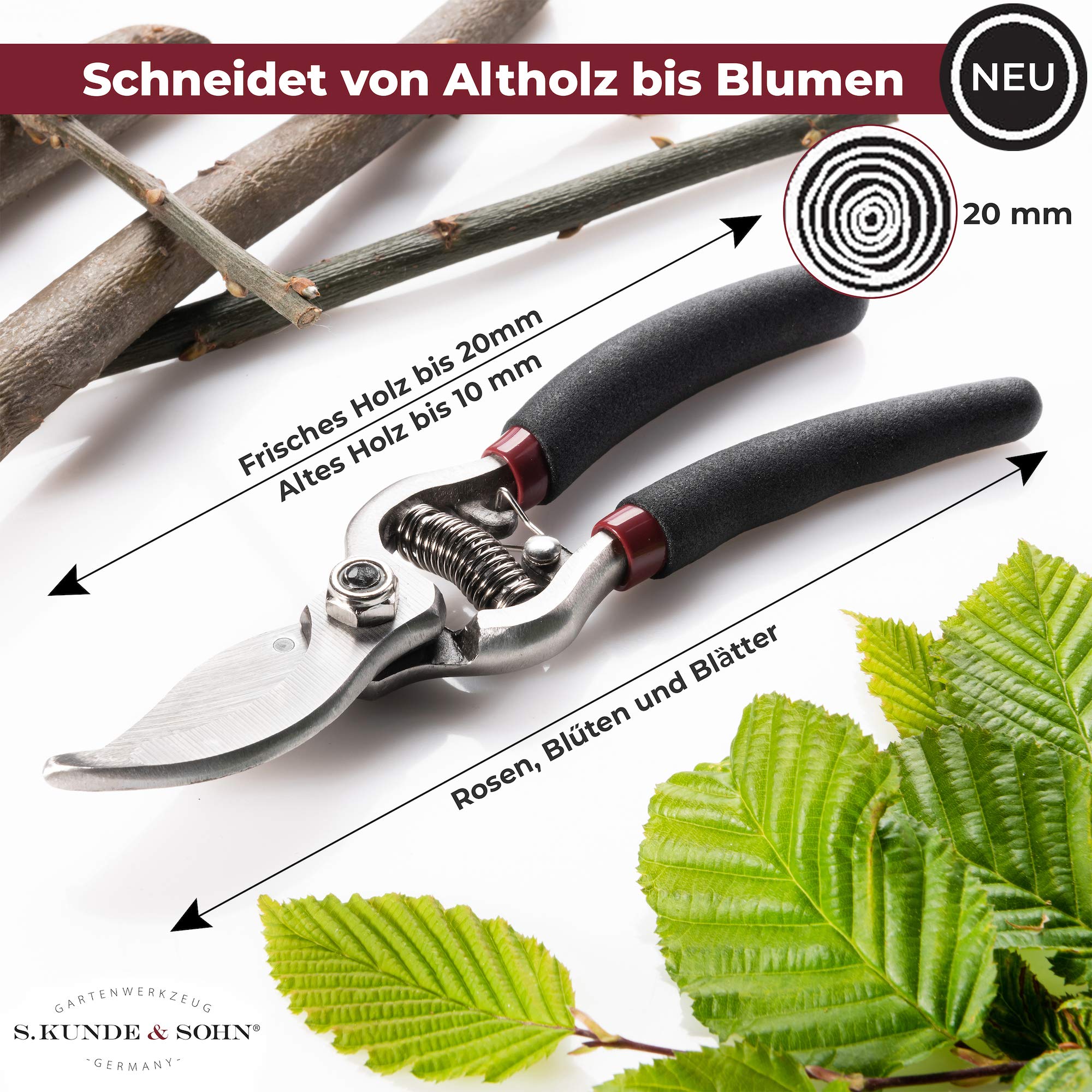 S. Kunde & Sohn Germany – die leichteste geschmiedete Gartenschere 2ER-Set 2X SKS6 – ergonomisches Design – Bypass – Rosen-Rebschere – ∅20mm – kompl. beschichtet, rostfrei