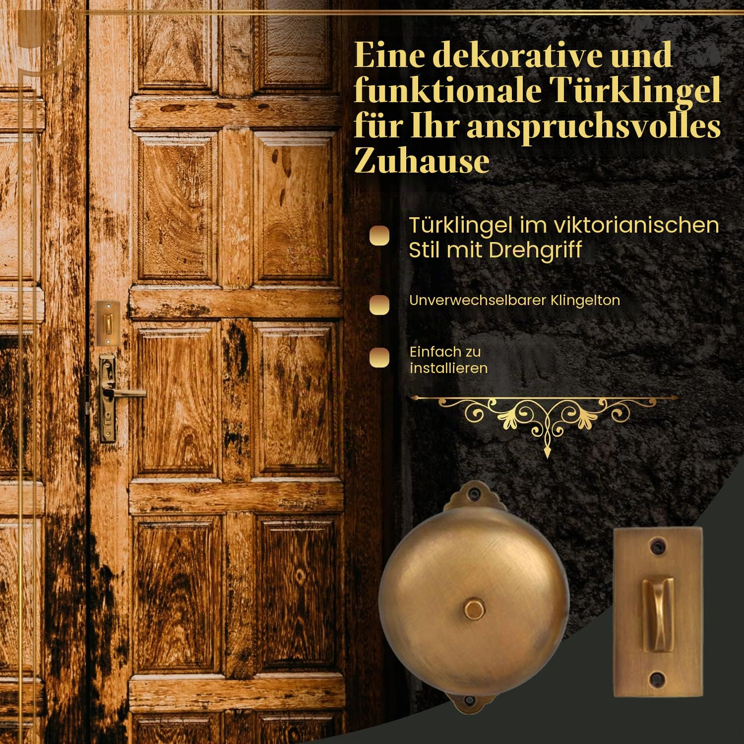 A29 Kabellose Türklingel im viktorianischen Stil, altmodische Türklingel mit manuellem Handdrehklingel, mechanischer Vintage-Ringer mit antikem Messing-Finish, traditioneller Haustüralarm, antikes