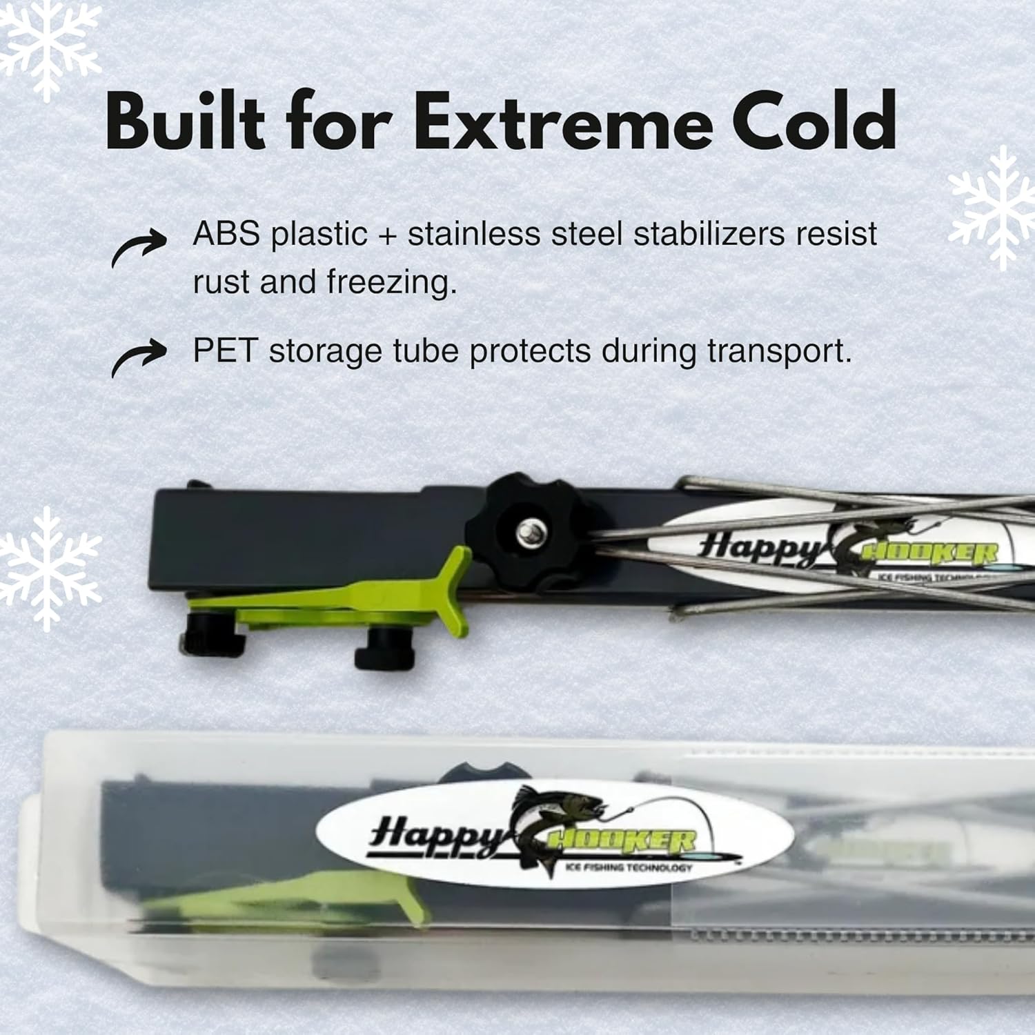 Happy Hooker Ice Fishing Automatic Hook Setter – Adjustable Rod Holder with Non-Freeze Trigger System, Stainless Steel Stabilizers & Compact Storage Tube – Made in USA