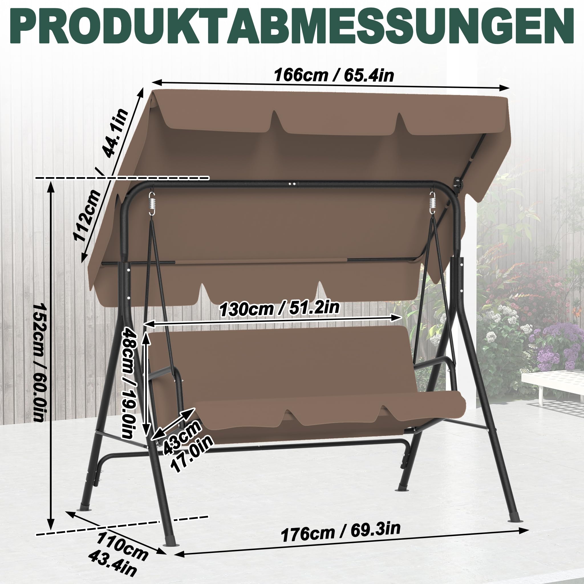 LZQ Balançoire Hollywood 3 places résistante aux intempéries - Avec toit réglable - 176 x 110 x 152 cm - Charge maximale : 200 kg - Pour extérieur, intérieur et extérieur, marron foncé