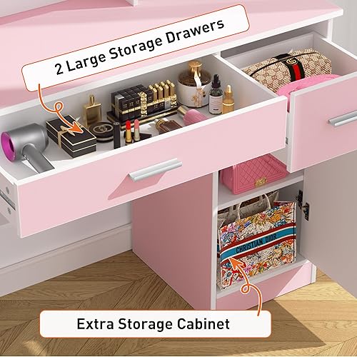 Miniatura 30 de Greenvelly Escritorio de maquillaje blanco con espejo, maquillaje de madera con 3 modos de iluminación, 2 cajones espaciosos y 6 compartimentos de