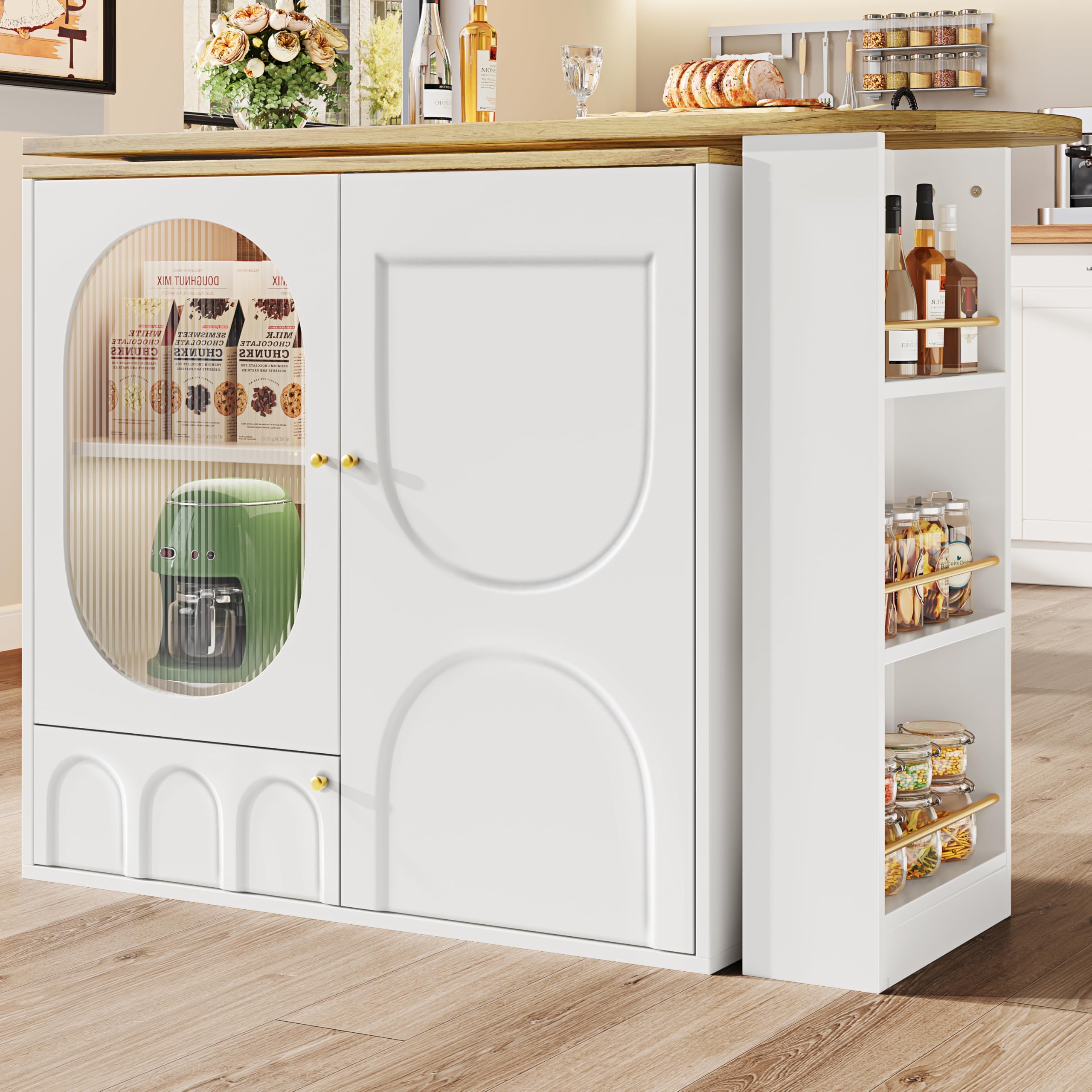 Mesa de bar giratoria 360° – Mesa alta (138 x 39 x 102 cm), isla de cocina blanca con espacio de almacenamiento, muebles de café, mostrador giratorio con tres puertas, estantes para puertas y