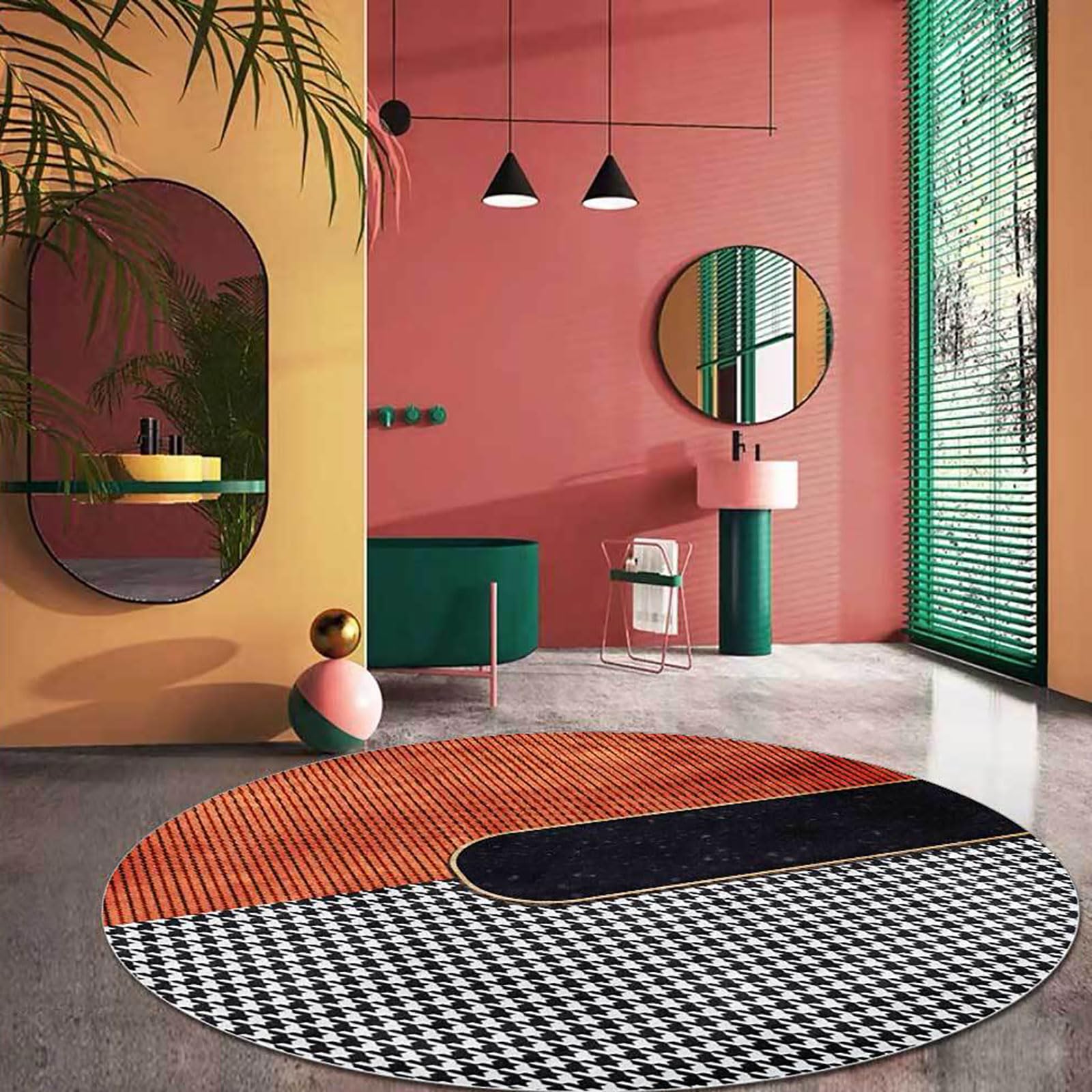 Tapis rond 120cm abstrait orange et noir lavable pour decoration de salon