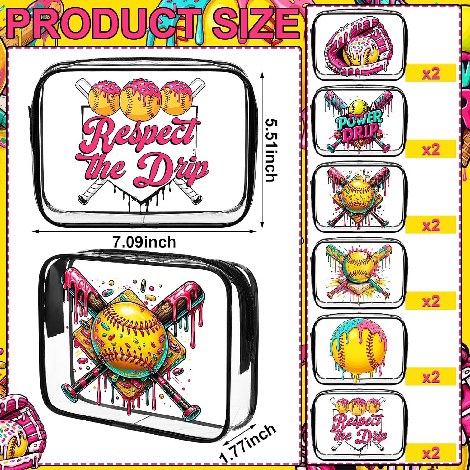 Sadnyy 12 Pcs Ice Cream Drip Softball Makeup Bags Gift Bulk Softball Snack Pouch Bags 7 x 5.5 x 2 Inches Clear Waterproof with Zipper Party Favors for Team Women Birthday Gifts Sport Supplies