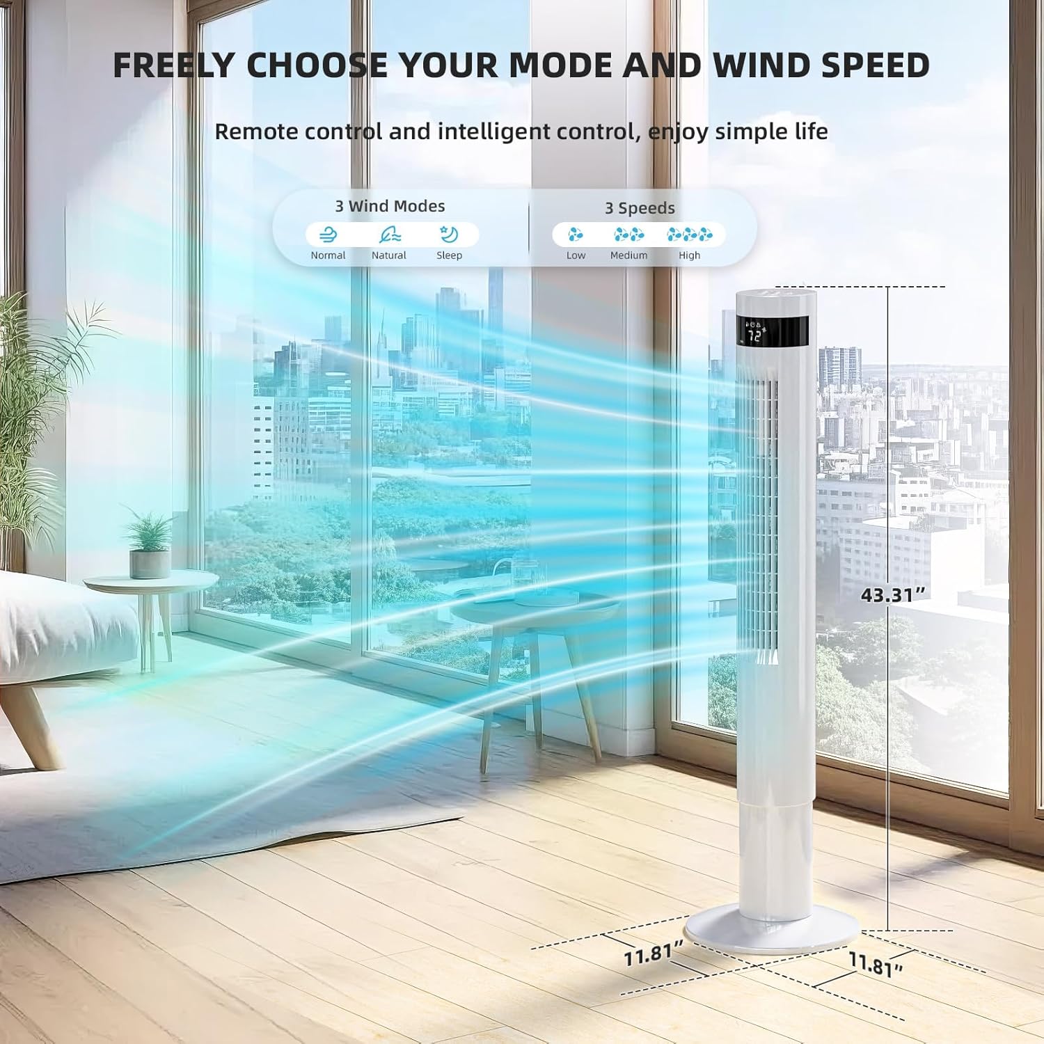 Electactic Tower Fan Portable Electric Oscillating Fan Quiet Remote Control Bladeless Floor Fan 3 Wind Speed Mode 12H Timer Bedroom Office, 43 inch, White