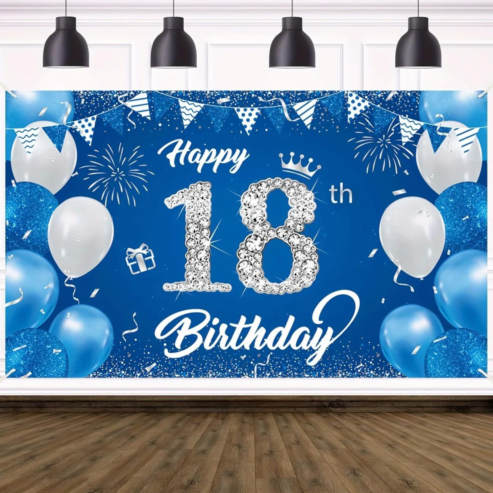 La bannière de Fond pour la fête des 18 Ans est Bleue, en Polyester résistant. Logo « Joyeux 18 Ans » pour la célébration de l'anniversaire. 440x300CM