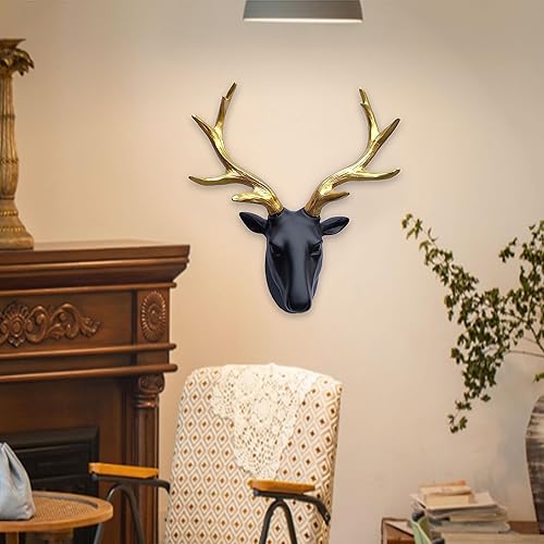 Miniatura 7 de JoyEvy Decoración de pared con cabeza de ciervo - Escultura de pared de resina, cornamenta dorada, cráneo de ciervo sintético, arte de pared hecho a