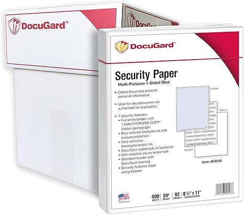 DocuGard Papel de seguridad multiusos azul avanzado, 7 características, 8.5 x 11 pulgadas, 24 libras, 2500 hojas (04546C)
