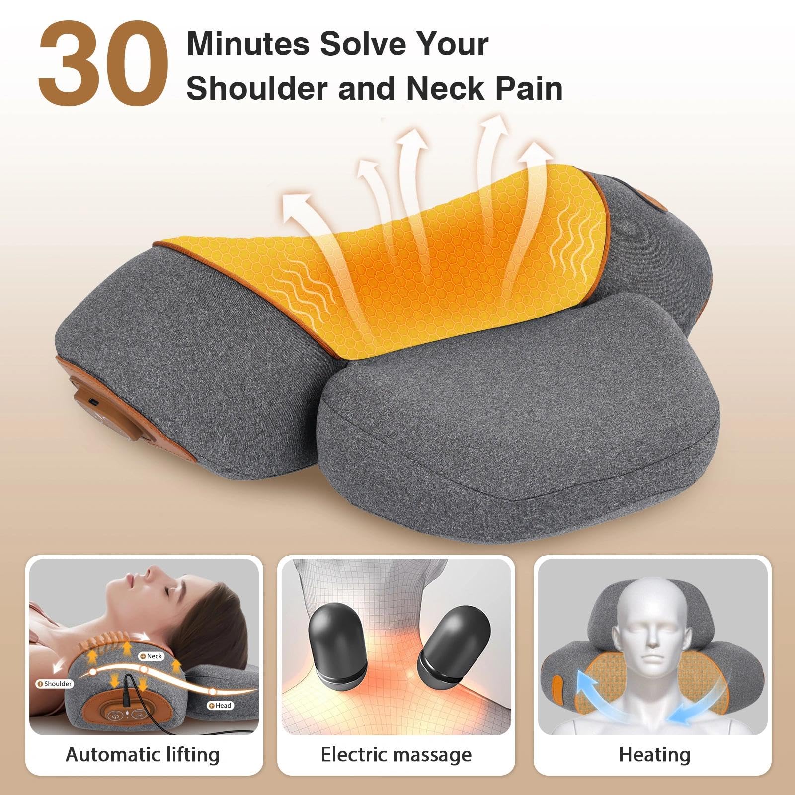 Masajeador de Cuello y Hombros Eléctrico 3-en-1, Almohada de Masaje Cervical con Compresión Caliente Vibratoria 2 Modos (Gris)