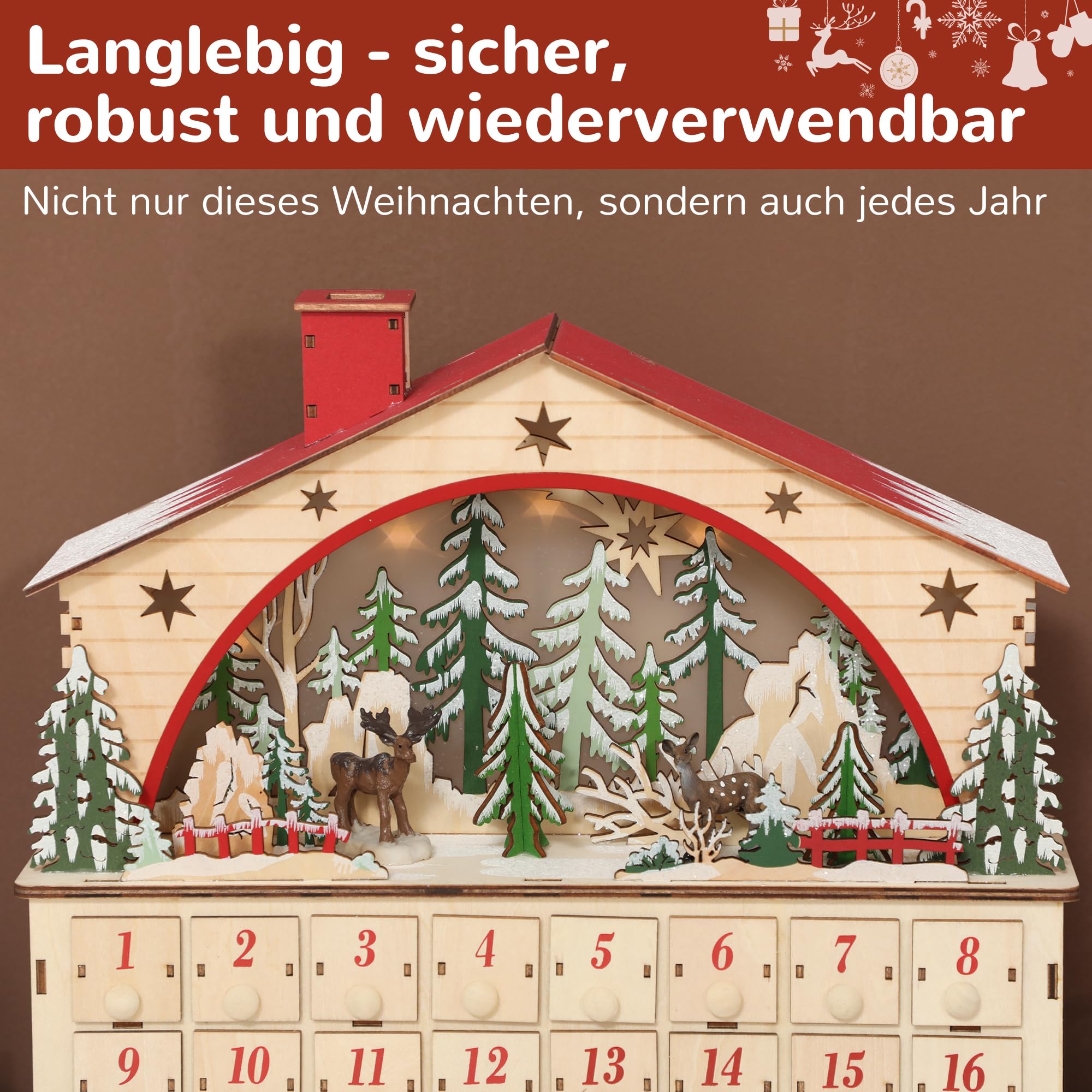 HOMCOM Adventskalender zum Befüllen 24 Schubladen Naturholz 36 x 10 x 34 cm | Fächer, Weihnachtskalender, mit LED-Lichtern, Weihnachtsdekoration, Adventskalenderbox, DIY