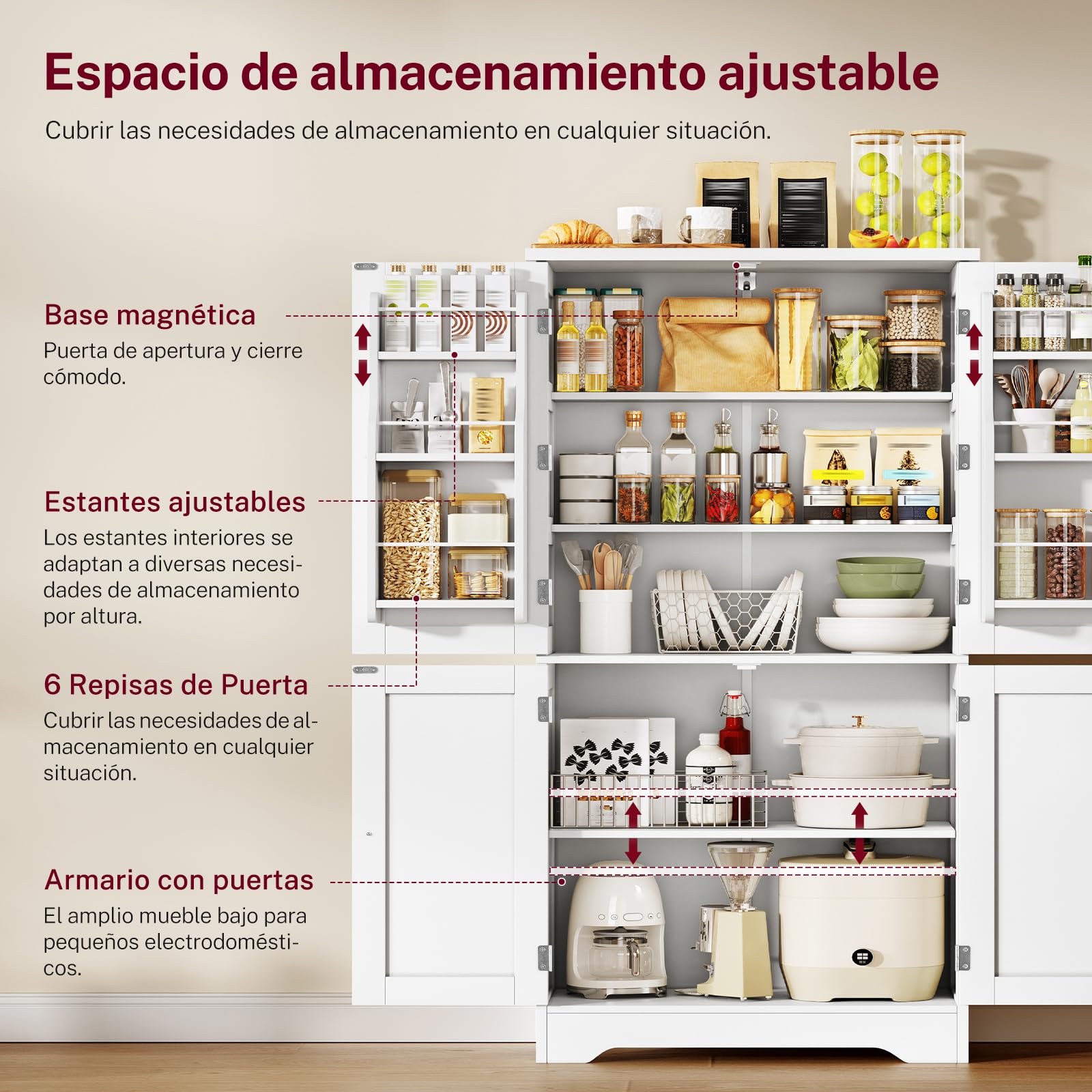 TEENFON Alacena de Cocina Alta y Despensa, Armario de 4 Puertas con 6 Estantes y 2 Compartimentos en la Puerta, Aparador y Mueble de Almacenaje Multiusos para Cocina, Salón, Comedor, 130 cm, Blanco
