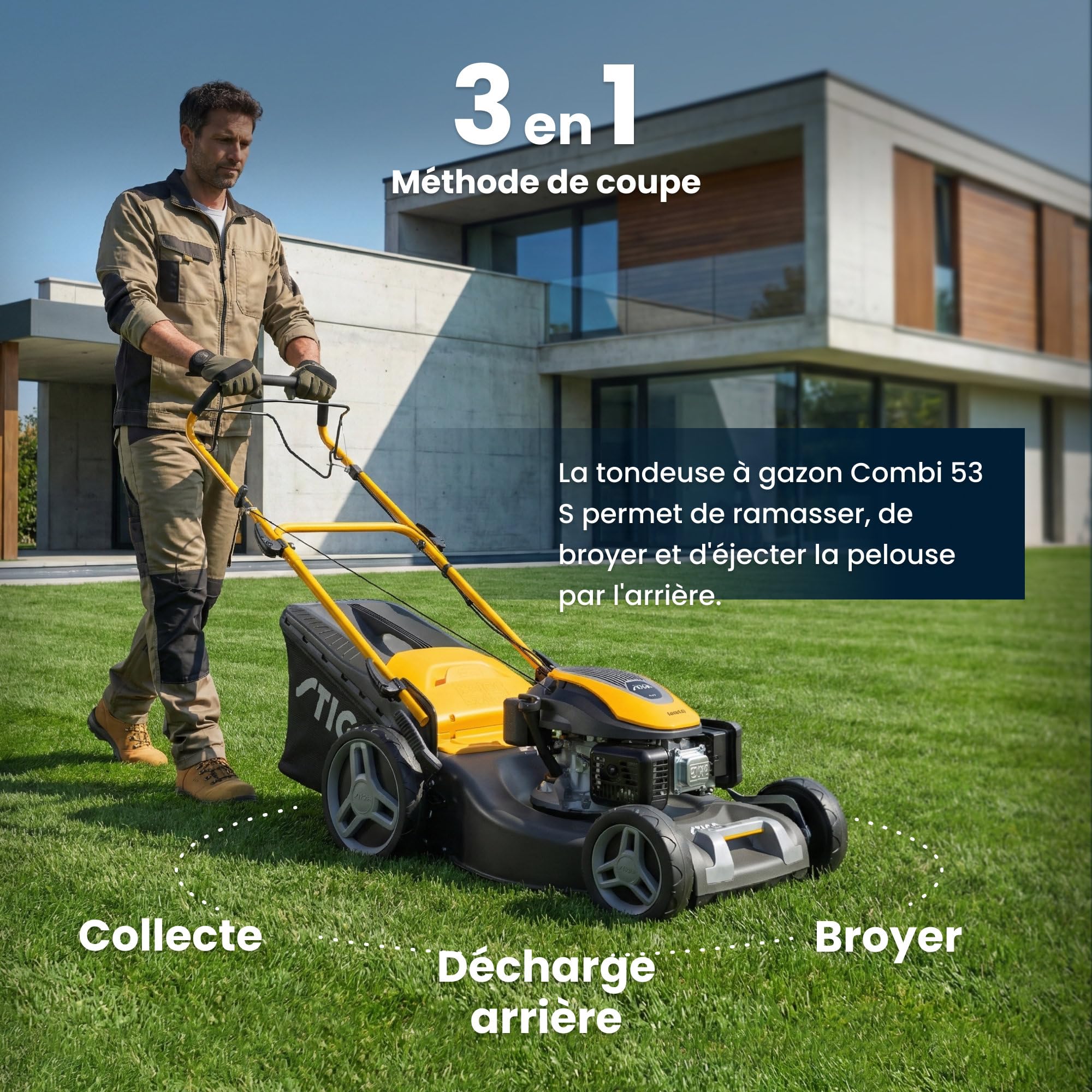 STIGA Combi 53 S a Tondeuse Thermique, 166 CC, 51 cm – Bac 60 l, Système 3-en-1 – Pelouses Moyennes et Grandes