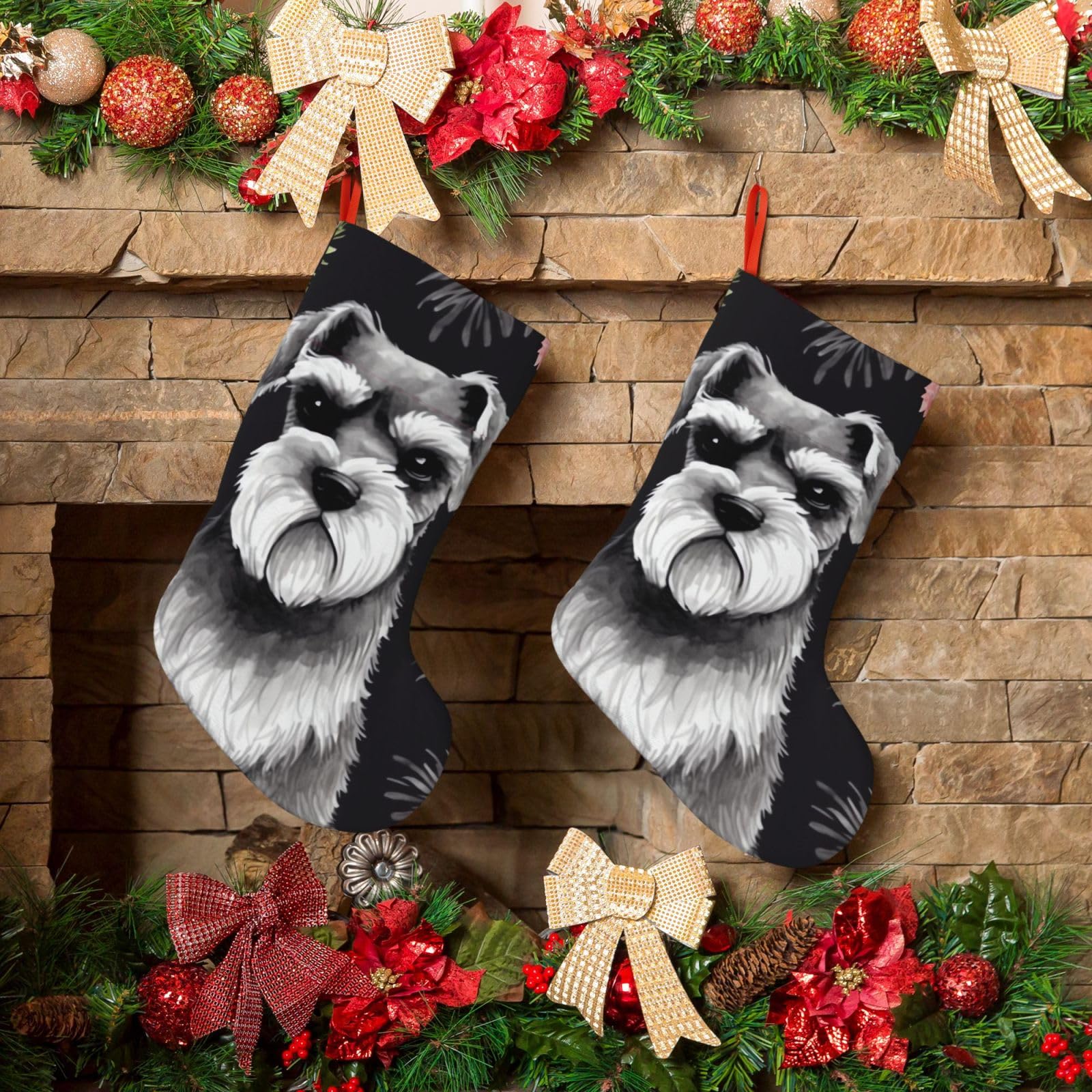 KLOPH Christmas Stockings 18" Personalized Xmas Stocking Schnauzer Decoration Stocking Hanging Fireplace Stocking for Holiday Xmas Tree Christmas Fireplace Decor