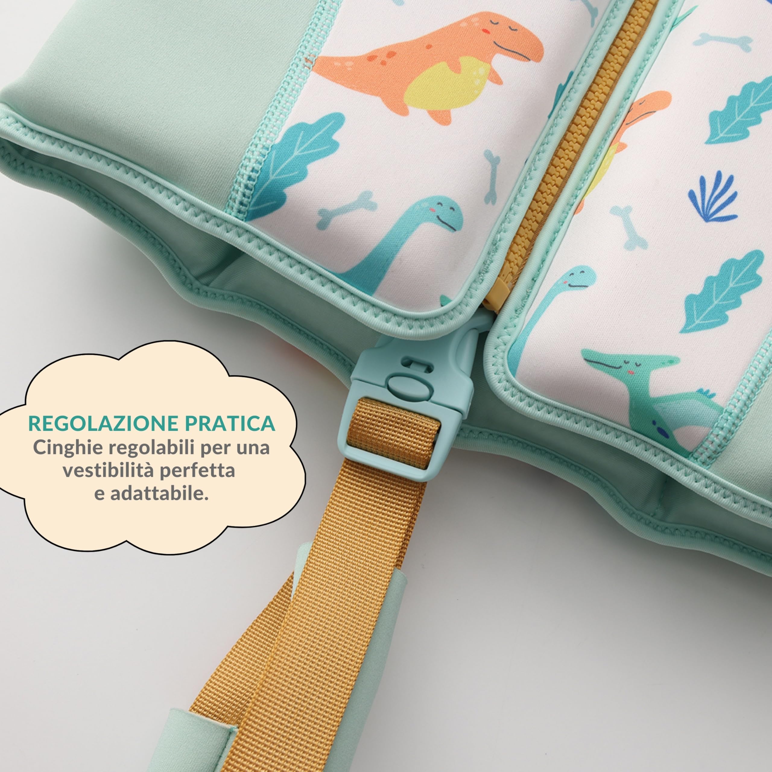 Gilet da nuoto per bambini da 3 a 6 anni, motivo dinosauro, chiusura lampo sicura e cintura regolabile, materiale di alta qualità senza sostanze chimiche nocive