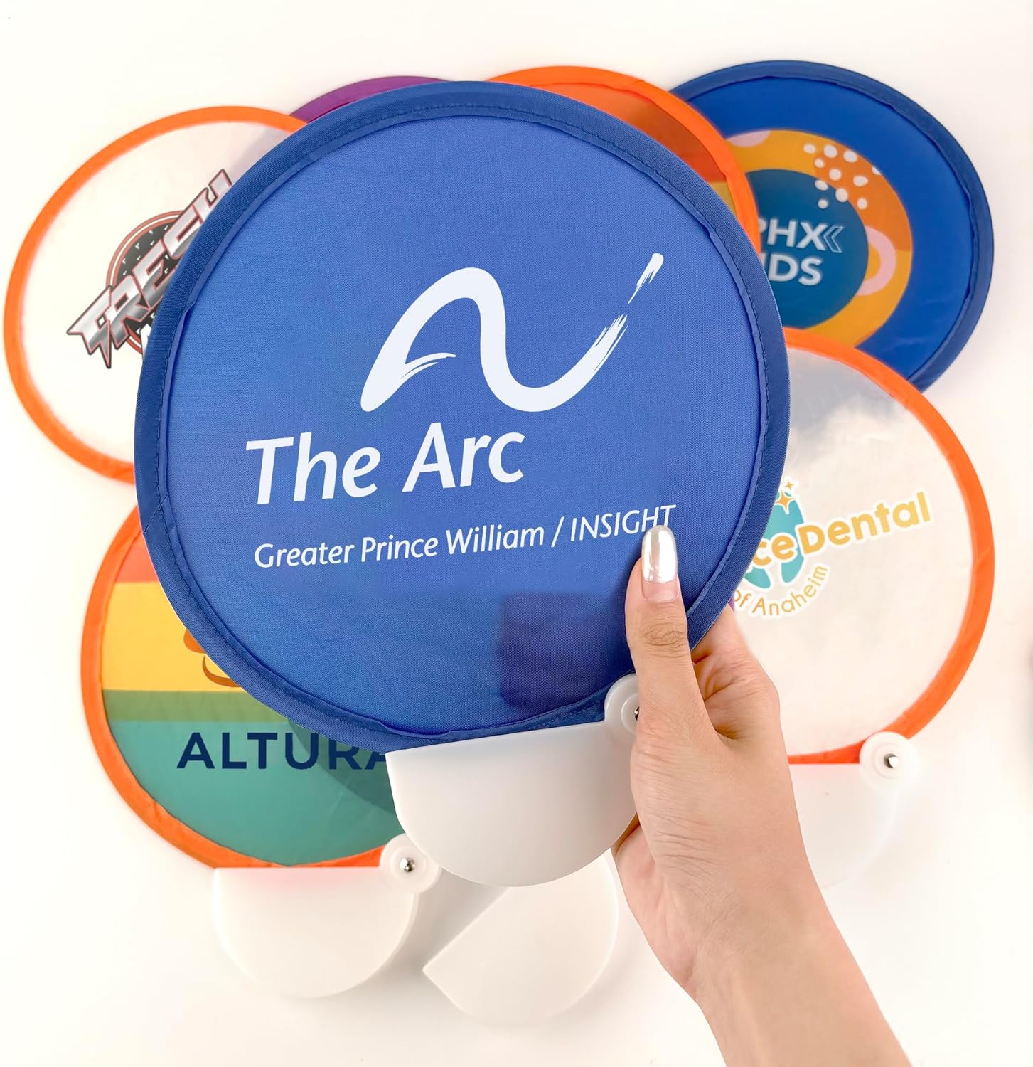 Custom Foldable Flying Disc Hand Fans with Plastic Handle – Personalized Promotional Folding Fans for Events, Trade Shows, Giveaways, Bulk Logo Printing (100)