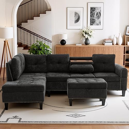 Topcomfy 97.5" L Shaped Couch Set, Modular Sectional Couches for Living Room with Storage Ottoman, 4 Seat Home Sofa Living Room Furniture Sets with Chaise for Apartment Office (Linen, Dark Grey)