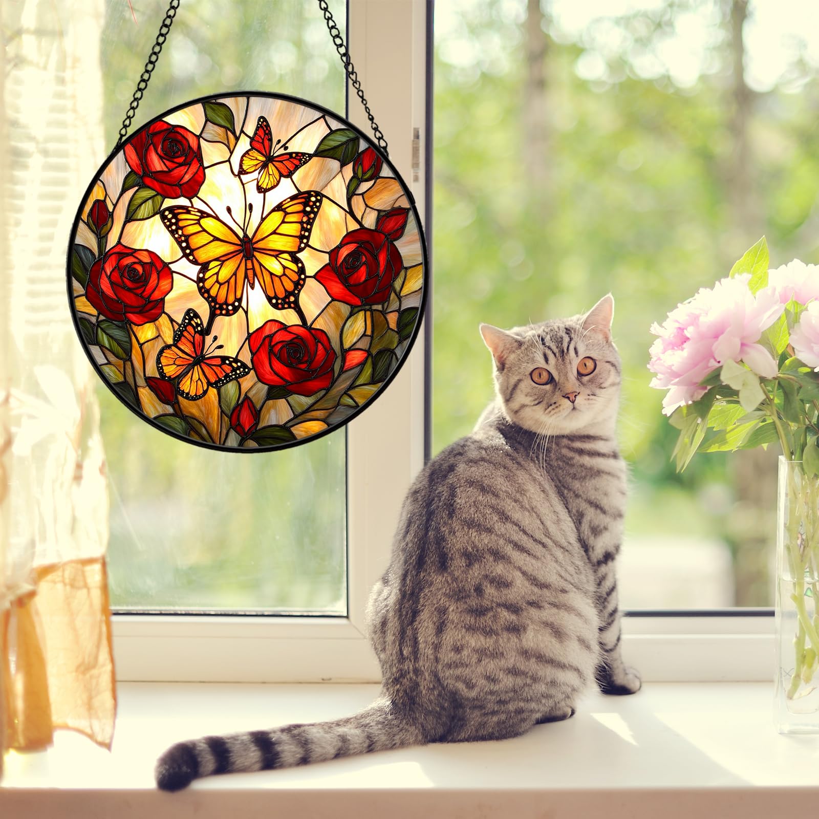 Atrapasueños de mariposa para colgar en la ventana, atrapasueños de rosas de flores para decoración de ventanas interiores, vitrales para decoración del hogar, regalo para mujeres, mamá 035