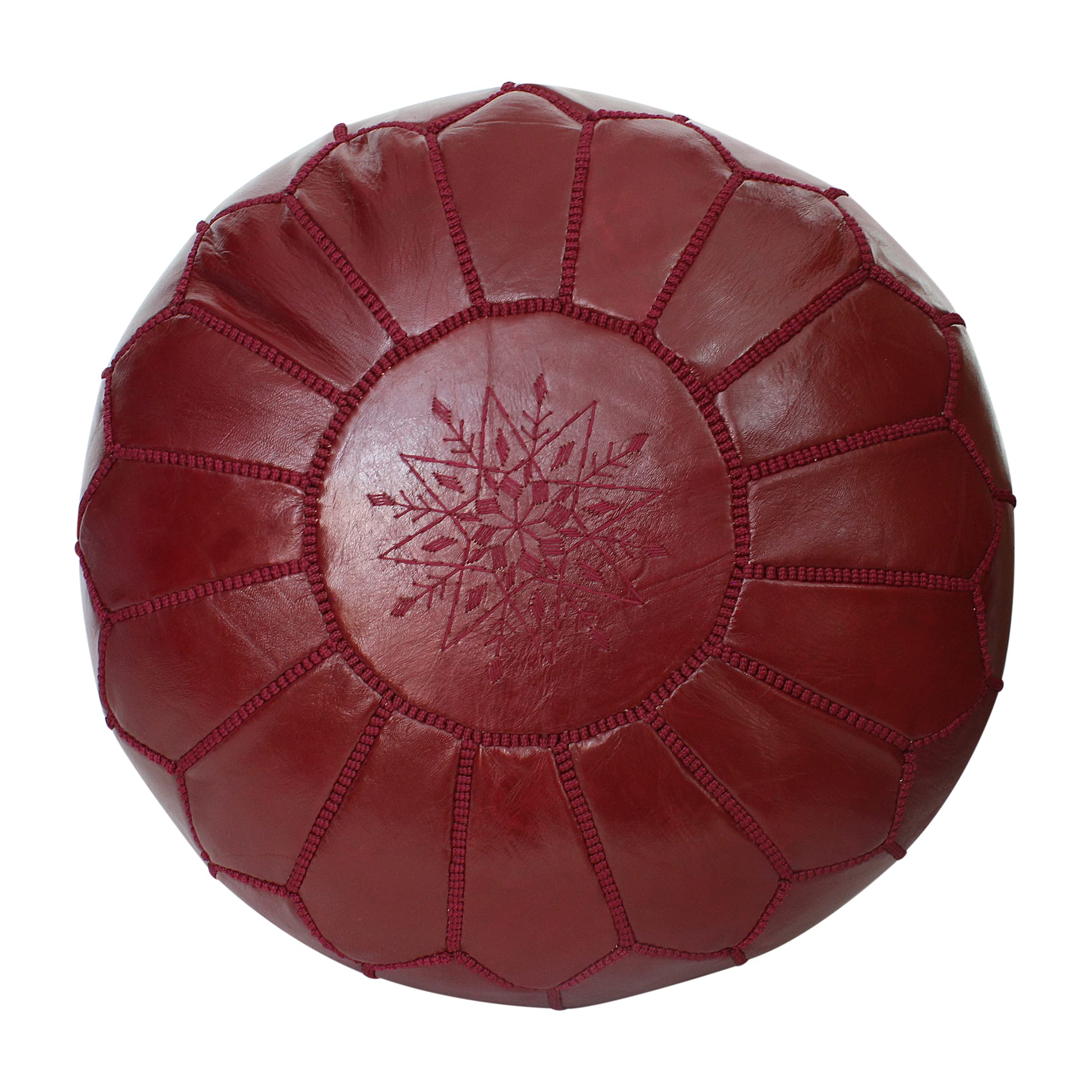 ESSENCE OF MOROCCO Moroccan Pouffe Pouf Footrest Footstool Ottoman Real Leather Burgundy Red Handmade Hand-stitched with Embroidered Marrakech Design (COVER ONLY)