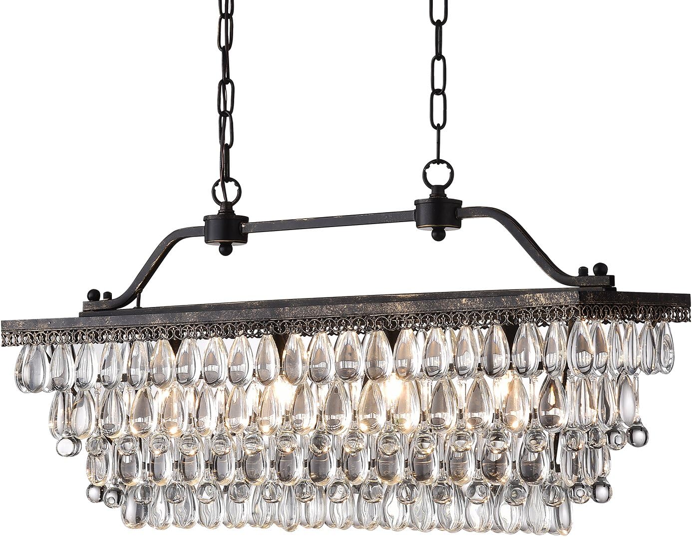 Edvivi Rectangular Linear Crystal Chandelier 30 in. W, 4 Lights Luxury Glam Adjustable Ceiling Lighting Fixture with 4 Rows of Teardrop Crystals for Living Dining Room Kitchen Island, Antique Bronze