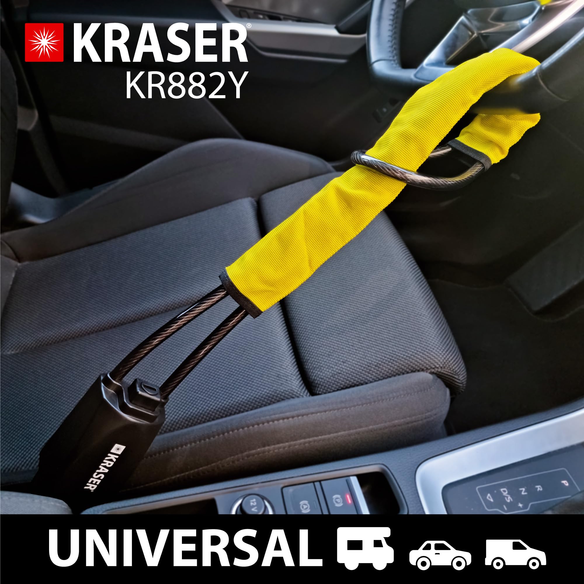 KRASER KR882Y Antivol Voiture Amélioré, Bloque Volant Ceinture, Robuste et Visible, Serrure avec Disque Antiperçage, Câble en Acier Plus Flexible, Anti vol Auto Universele, SUV, Camping Car, Fourgon