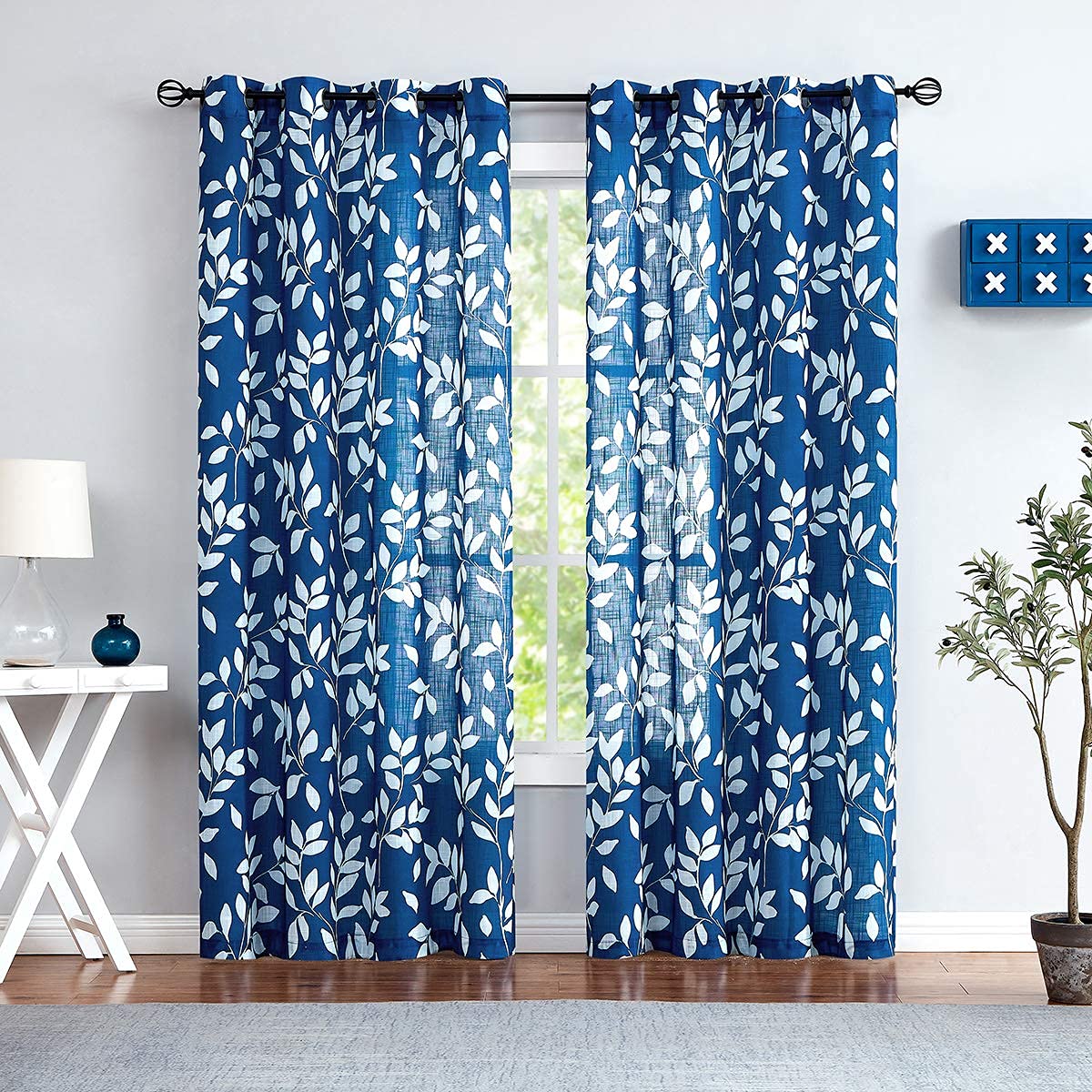 Treatmentex Navy Blue Semi-Sheer Curtains for Bedroom 95" Long White Leaf Print Curtains for Living Room Grommet Top Window Panels, 1 Pair