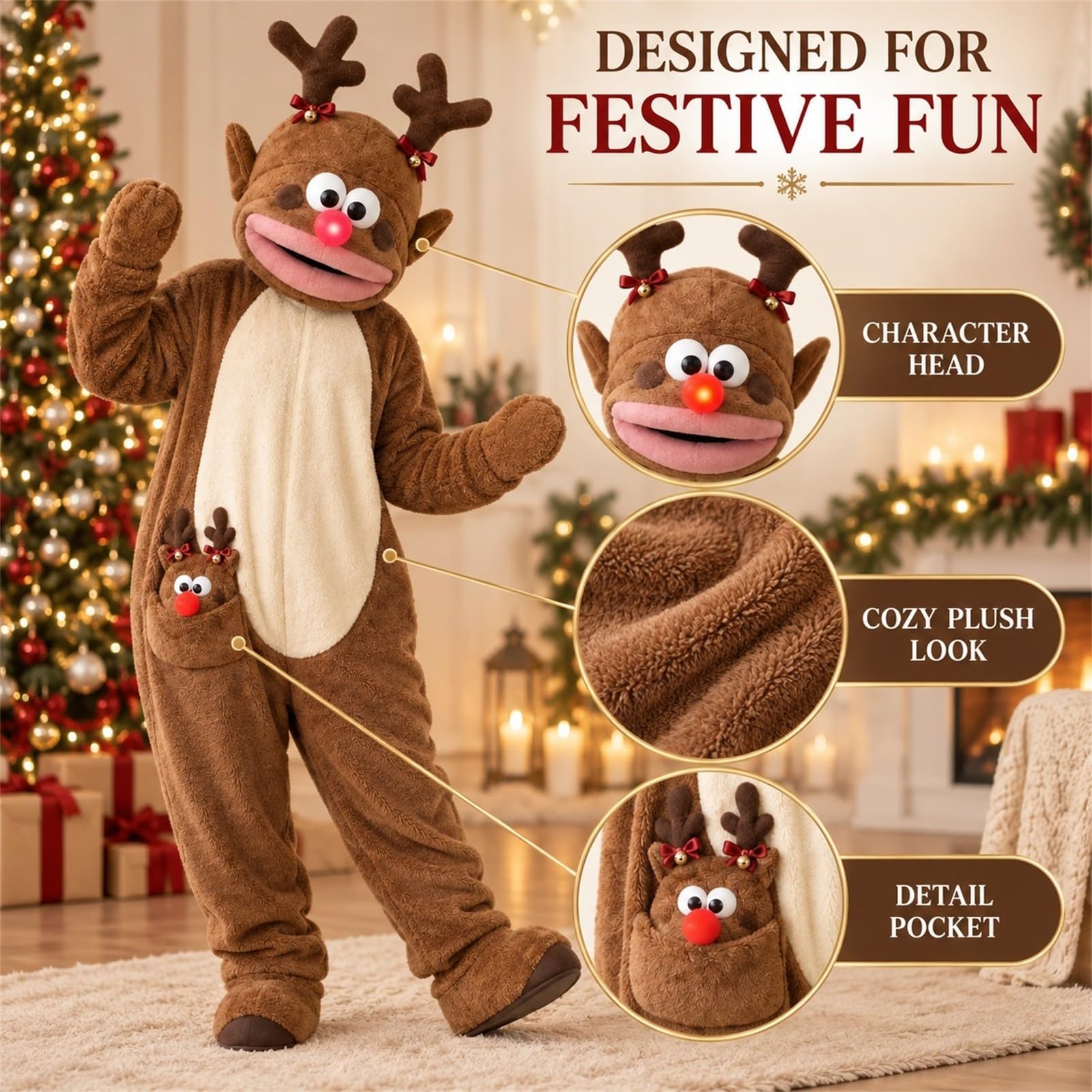 Tuta Bambini Costume Renna Cappuccio Corna Tasche Zampe Peluche