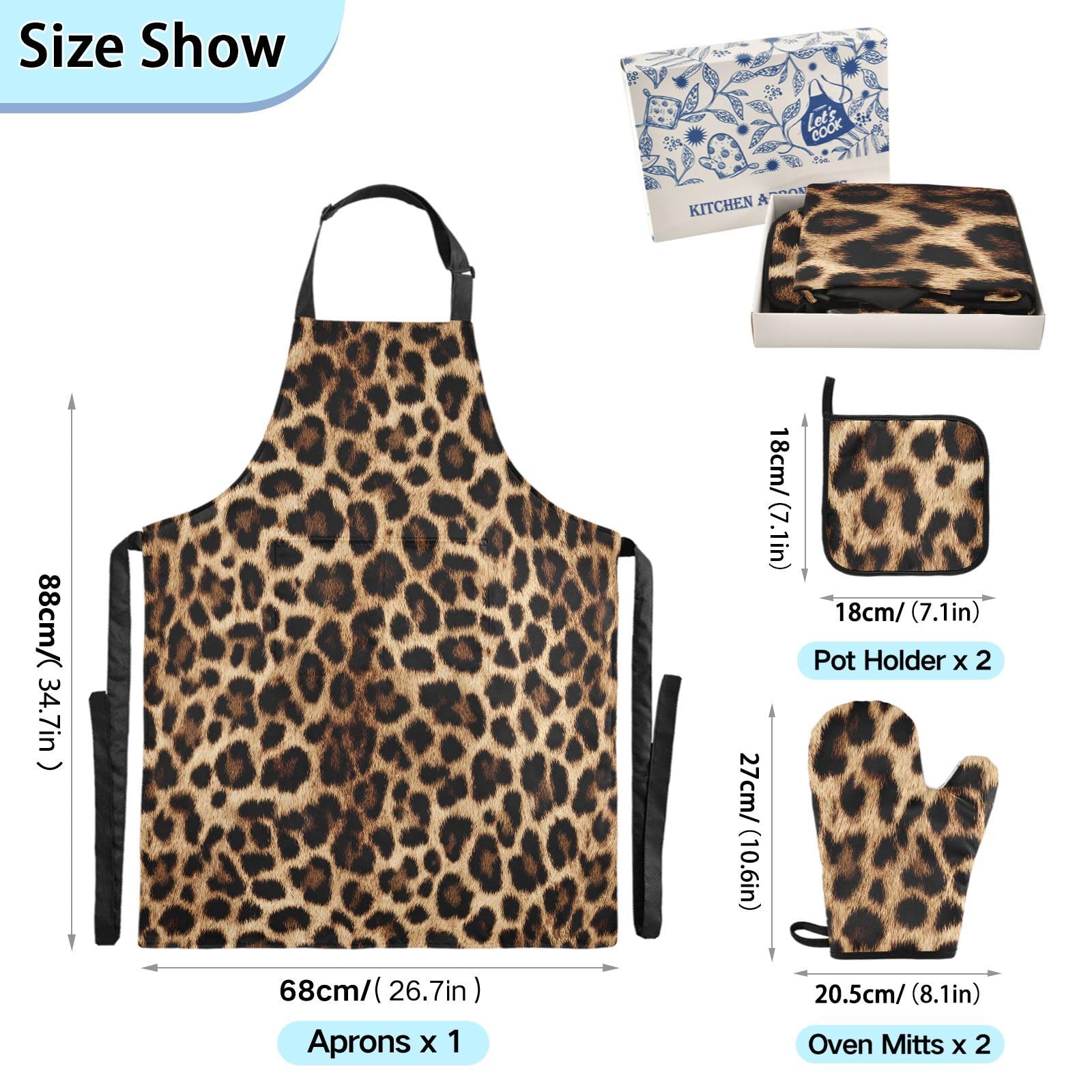 ALAZA Delantal impermeable con estampado de leopardo con estampado de guepardo con bolsillos Juego de guantes de horno para ollas Juegos de lino de cocina, Multi, talla única