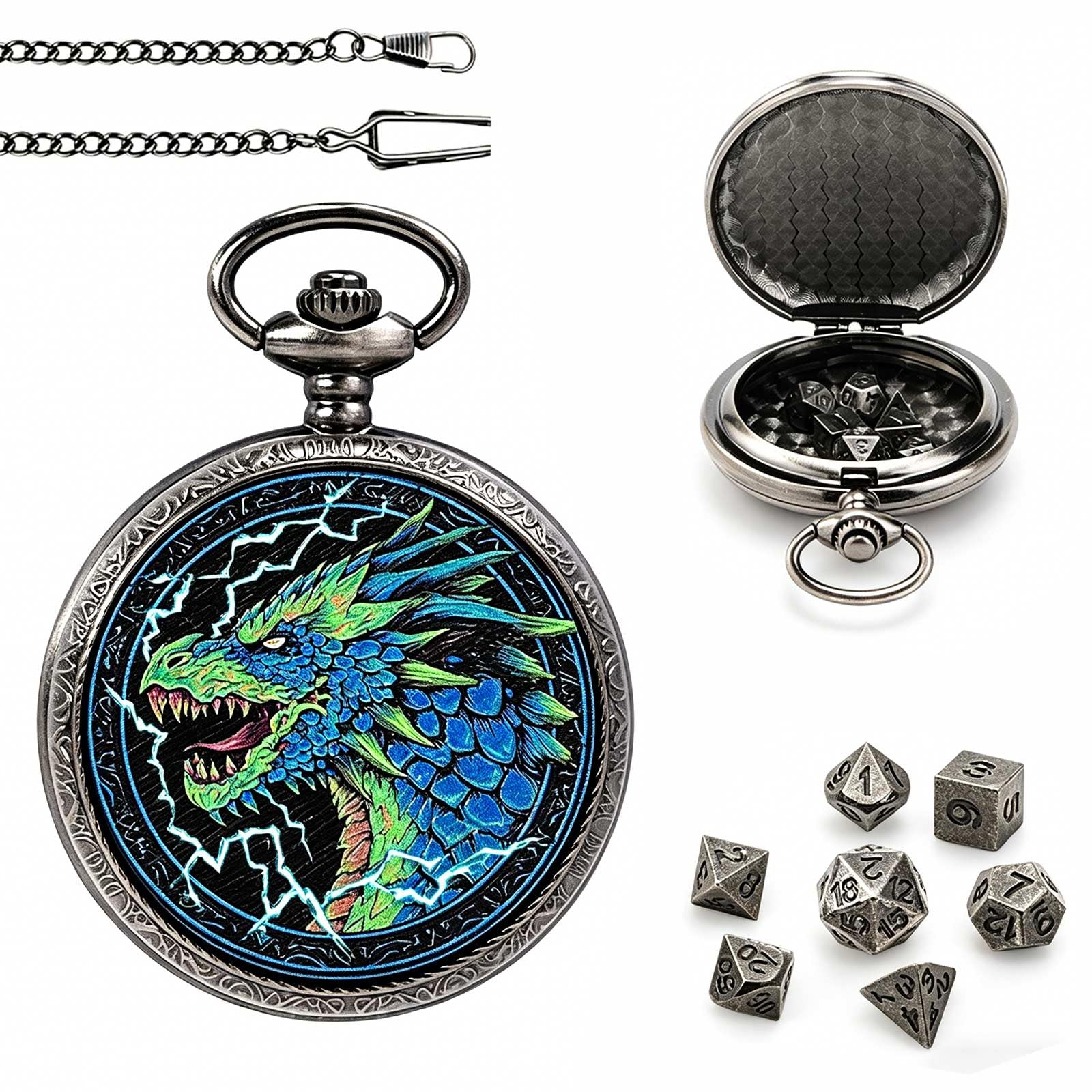 DragonSword DND Dice Set with Pocket Watch Case, Portable Metal Dice Set Compatible with Dungeons and Dragons, 7PCS Mini Dice, RPG Role Playing Board Games Accessories (Blue Dragon B)