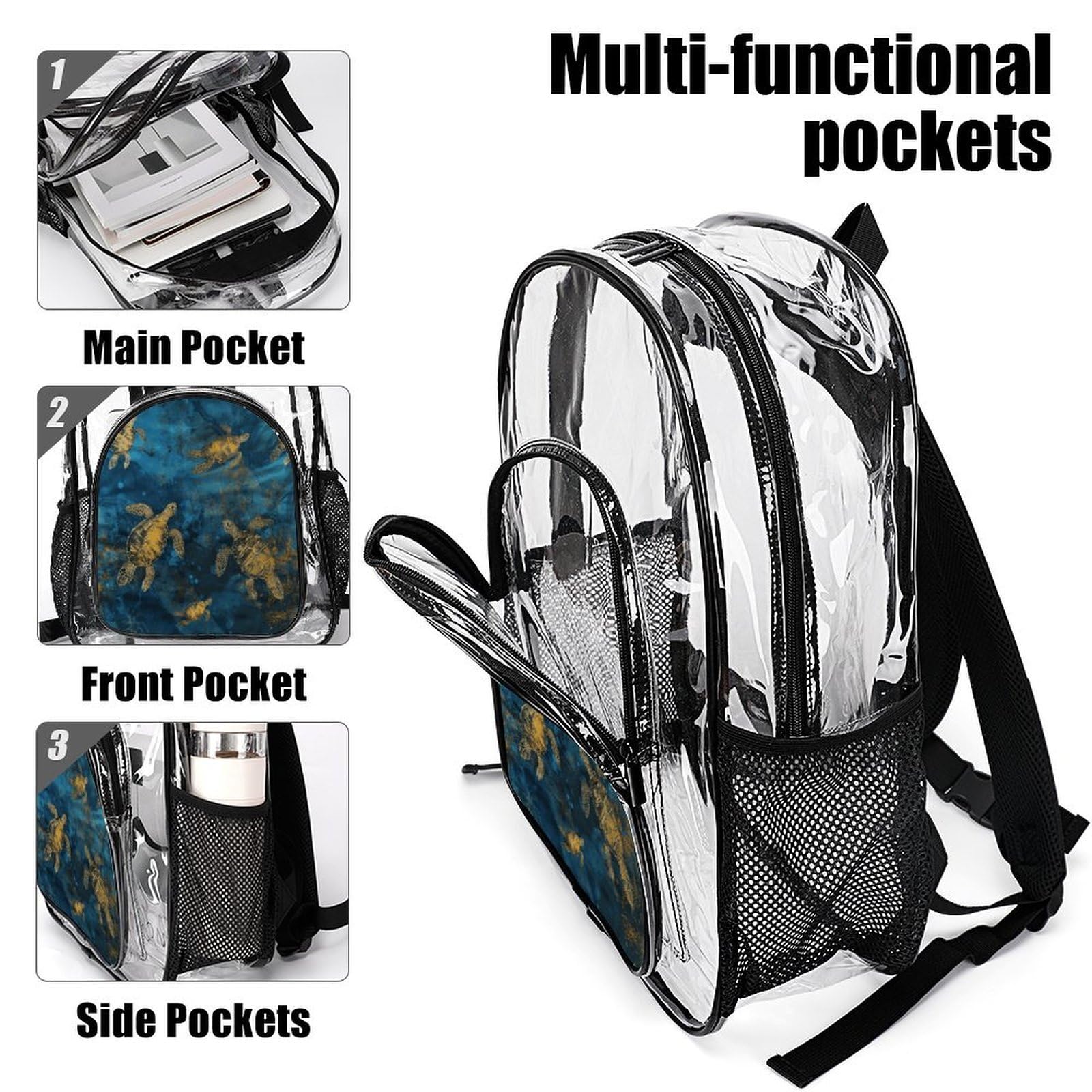 Sea Turtle1 transparenter Rucksack, groß, transparent, PVC, Büchertasche für Sicherheit, Arbeit, Reisen, Stadion