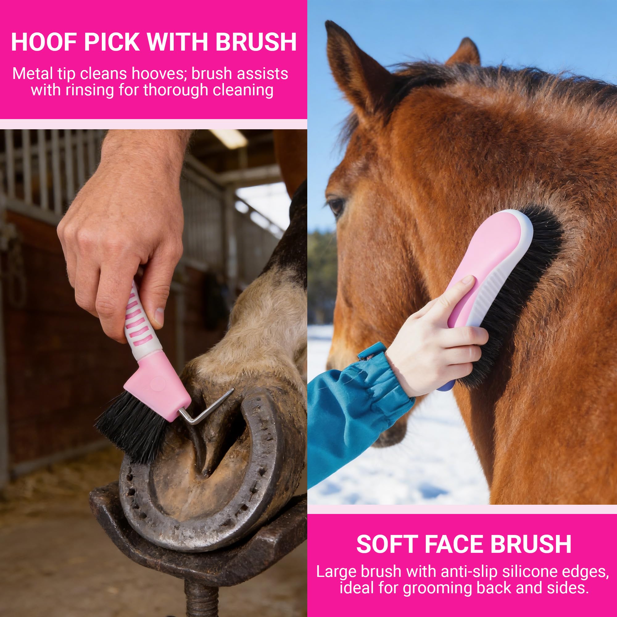 Kit de aseo de caballos, 14 en 1, juego de cepillos profesionales para aseo y cuidado, con cepillos de caballo, peine de curry, púa de pezuñas y bolsa de almacenamiento impermeable para brillar
