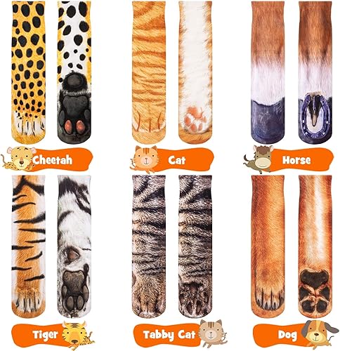 Miniatura 4 de Syhood 6 pares de calcetines 3D con estampado de patas de animales en 3D (S, gato, perro, caballo, gato atigrado, guepardo, tigre), Gato, Perro