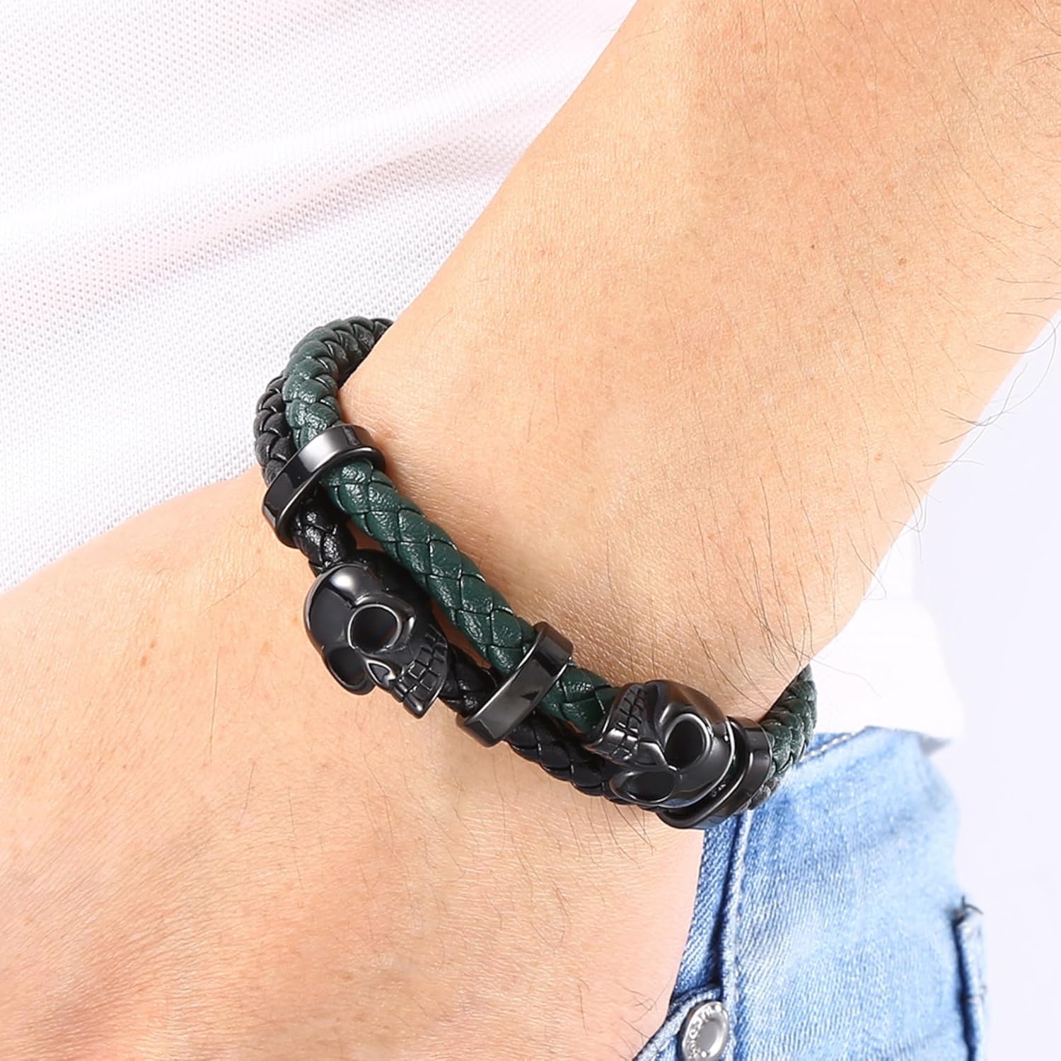 Mens Skull Double Row Leather Bracelet, Black or Silver Skull Braided Bracelet for Men, Mens Punk Jewelry