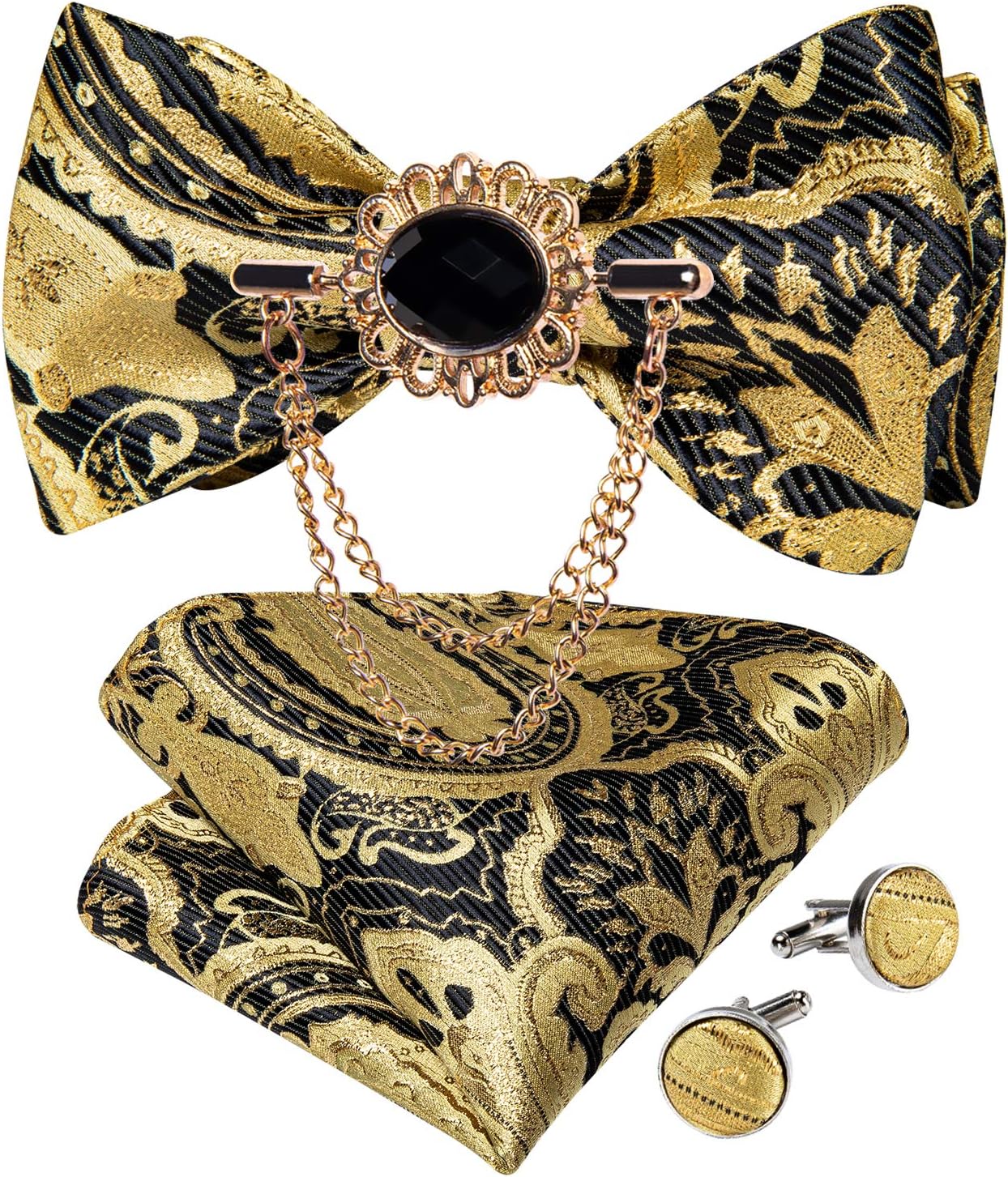 DiBanGu Paisley Floral Bow Tie Set with Lapel Pin Formal Wove Self Bow Tie Pocket Square Cufflinks Set