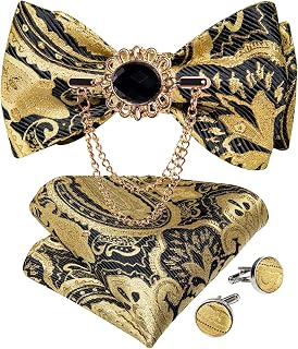 Shiny Black Gold Self Bow Tie Jacquard Woven Paisley Bow Tie Pocket Square Cufflinks Lapel Pin Wedding